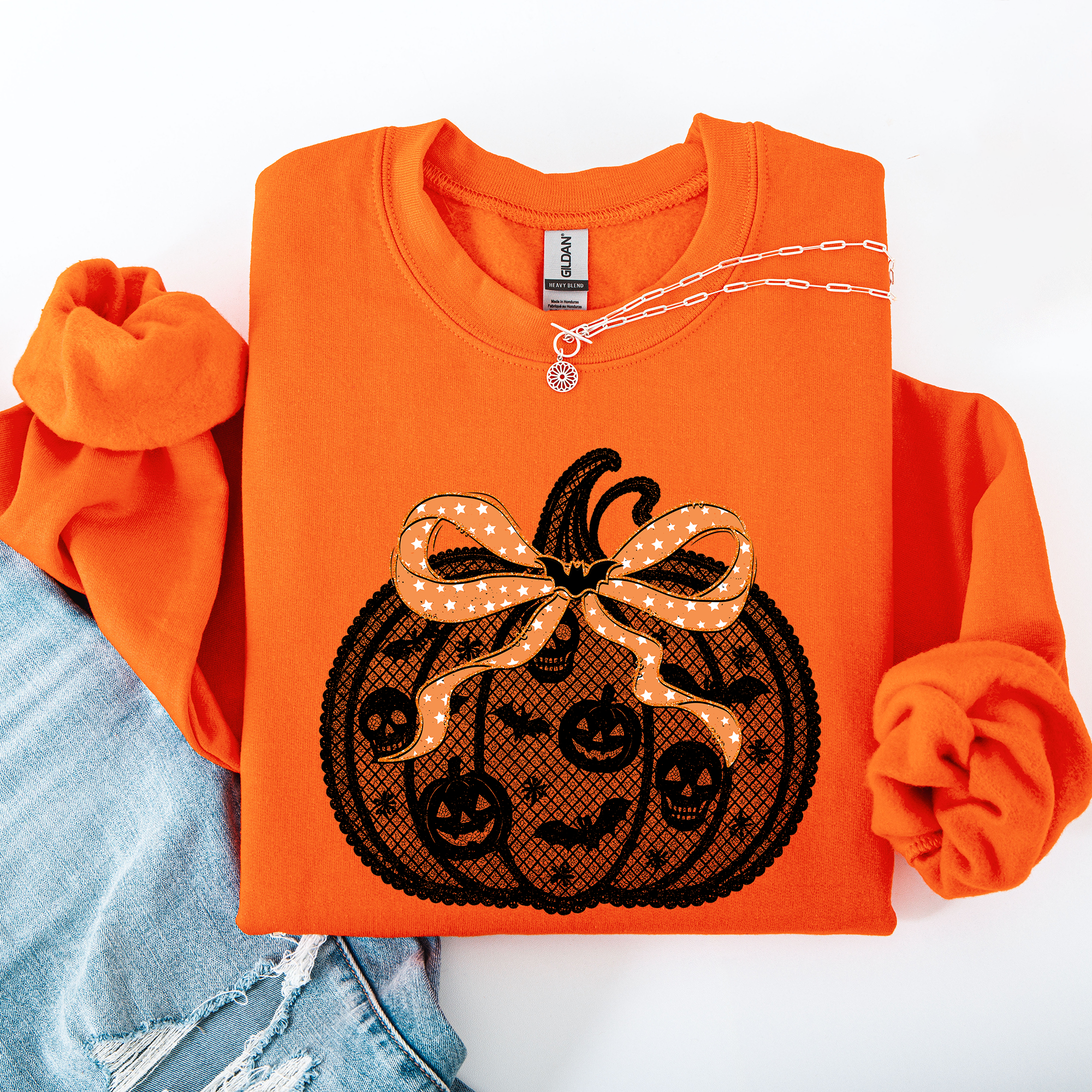 Halloween Pumpkin Faux Lace Coquette Ribbon Bows Embellished Velvet Accents Seasonal Collection Graphic Sweatshirt