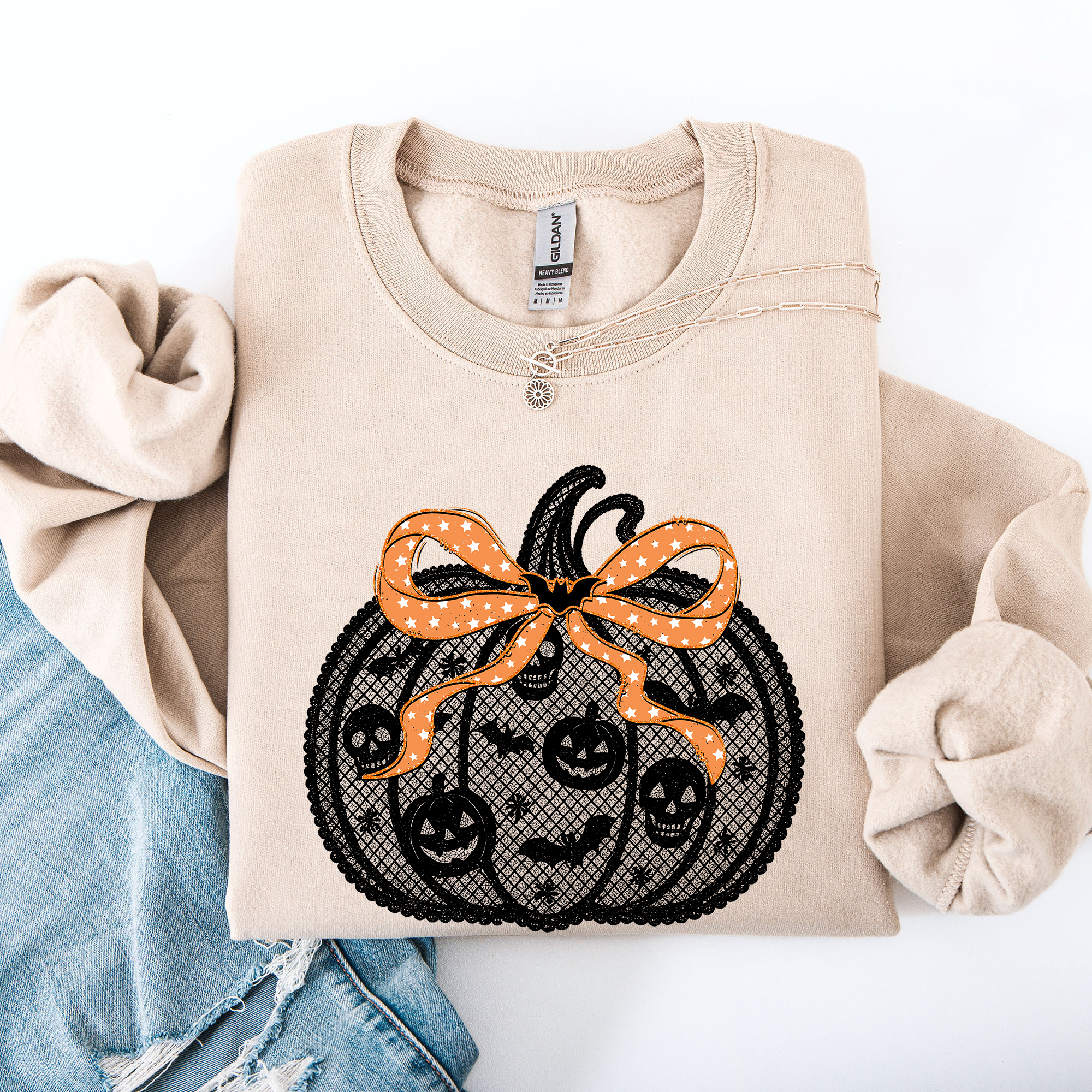 Halloween Pumpkin Faux Lace Coquette Ribbon Bows Embellished Velvet Accents Seasonal Collection Graphic Sweatshirt