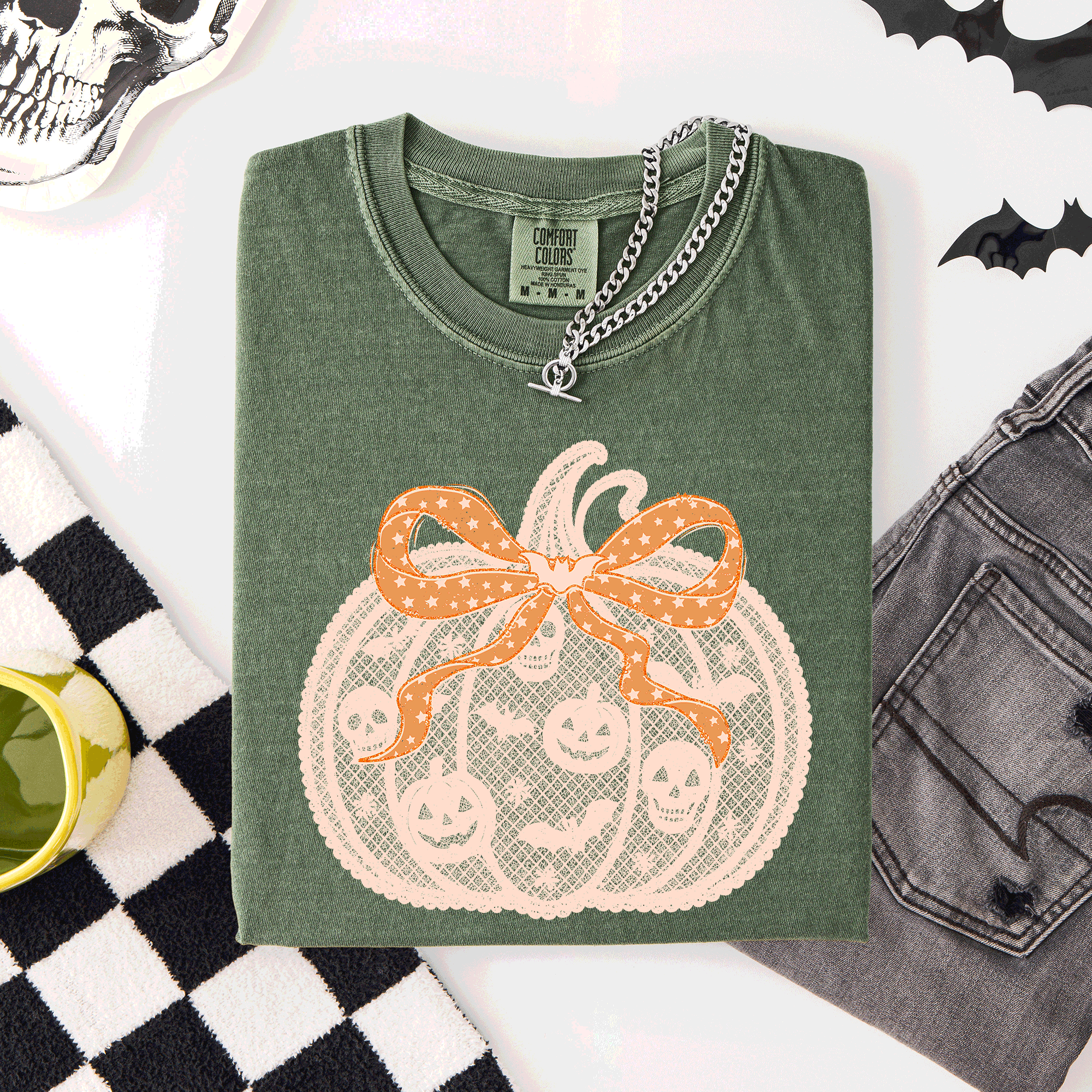 Halloween Pumpkin Faux Lace Coquette Ribbon And Bows Festive Style Comfort Colors Tee