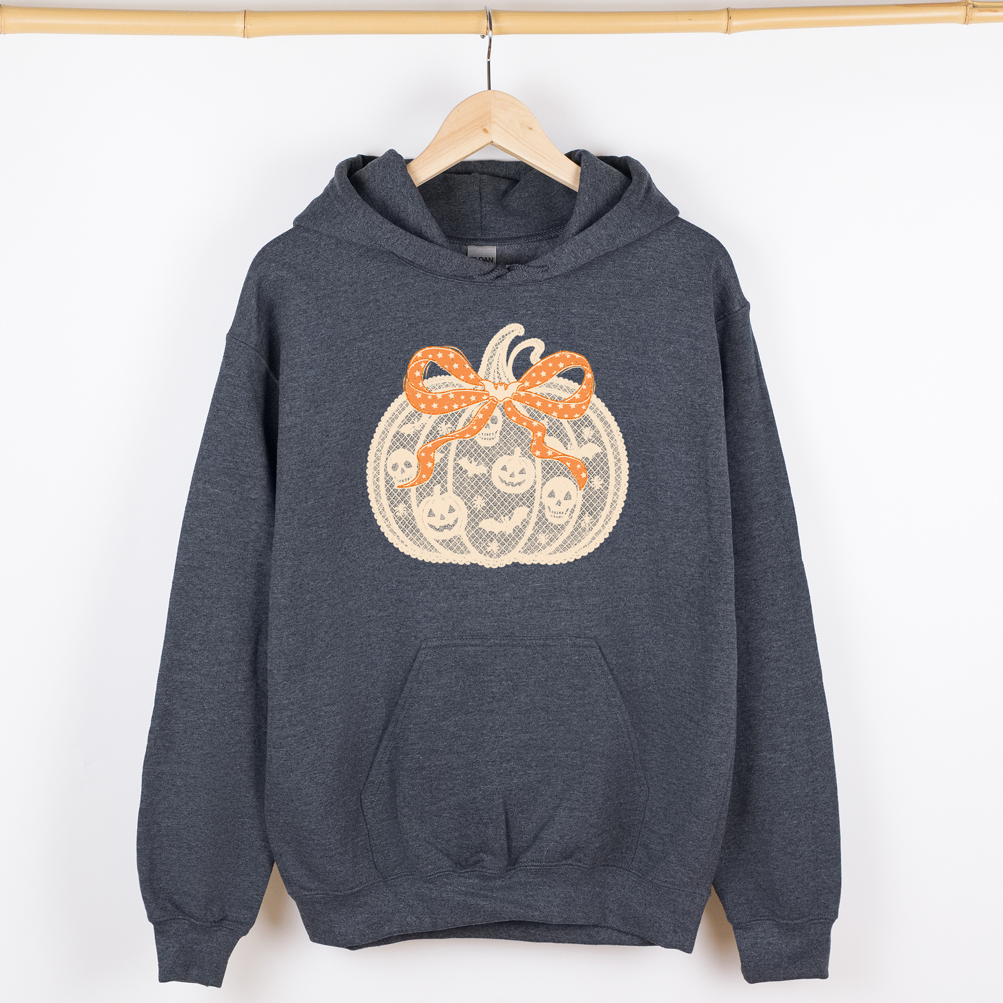 Halloween Pumpkin Faux Lace Coquette Ribbon Bows Embroidered Details Graphic Hoodie