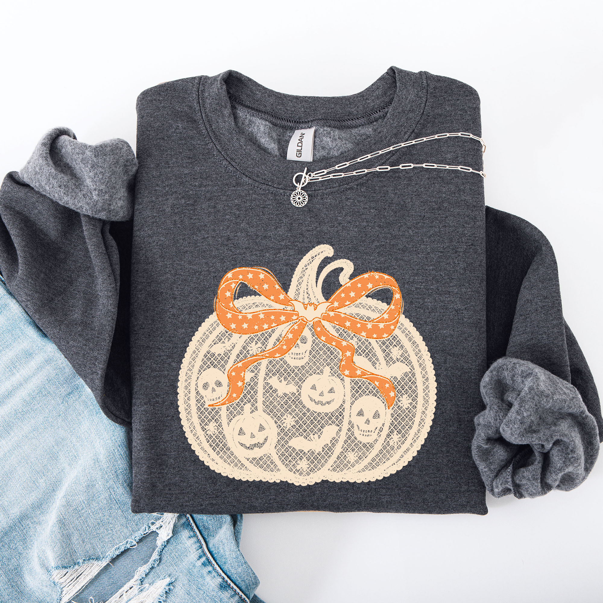 Halloween Pumpkin Faux Lace Coquette Ribbon Bows Embellished Velvet Accents Seasonal Collection Graphic Sweatshirt