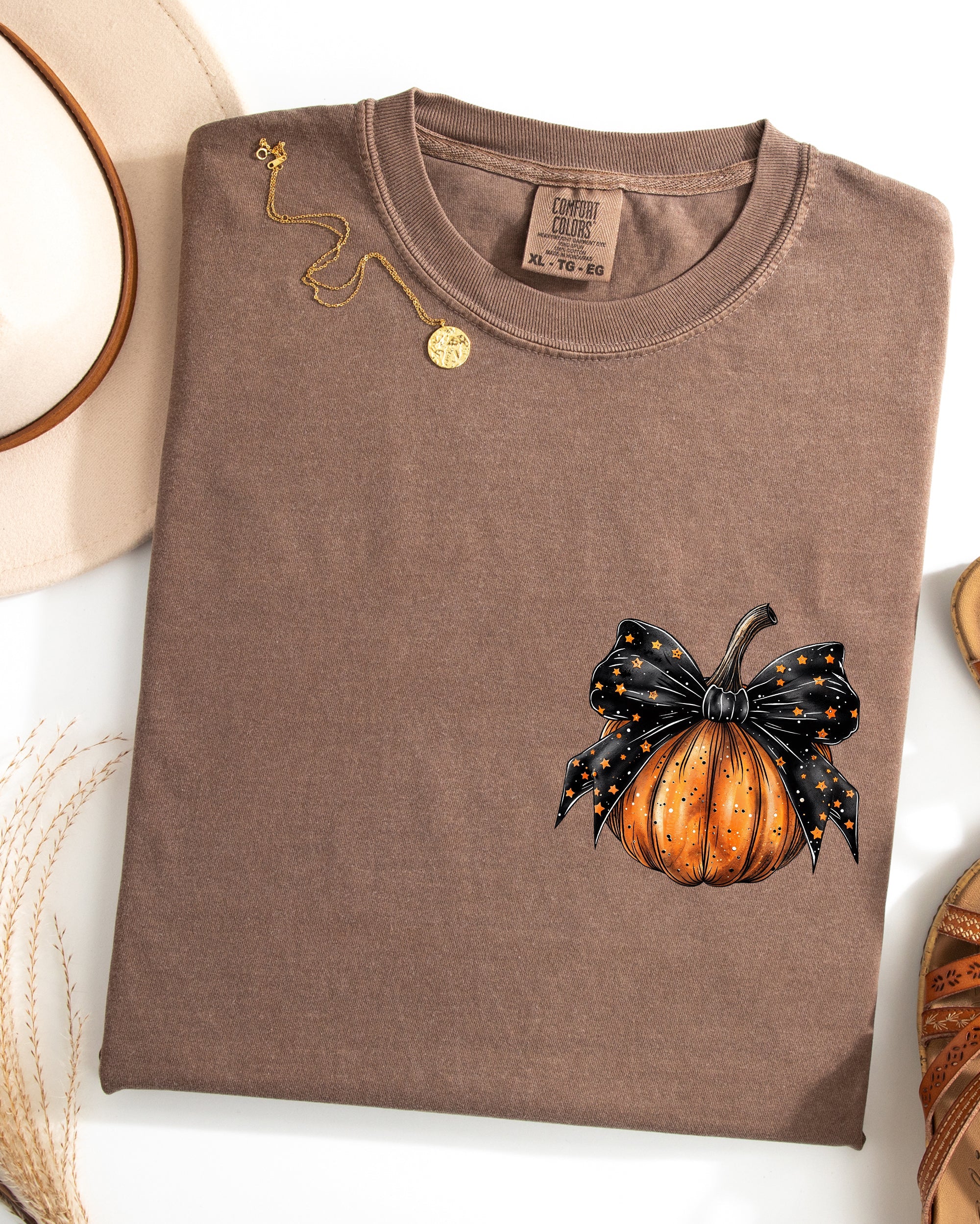 Halloween Pumpkin Ribbon Pocket Print Coquette Fall Autumn Seasonal Comfort Colors Tee