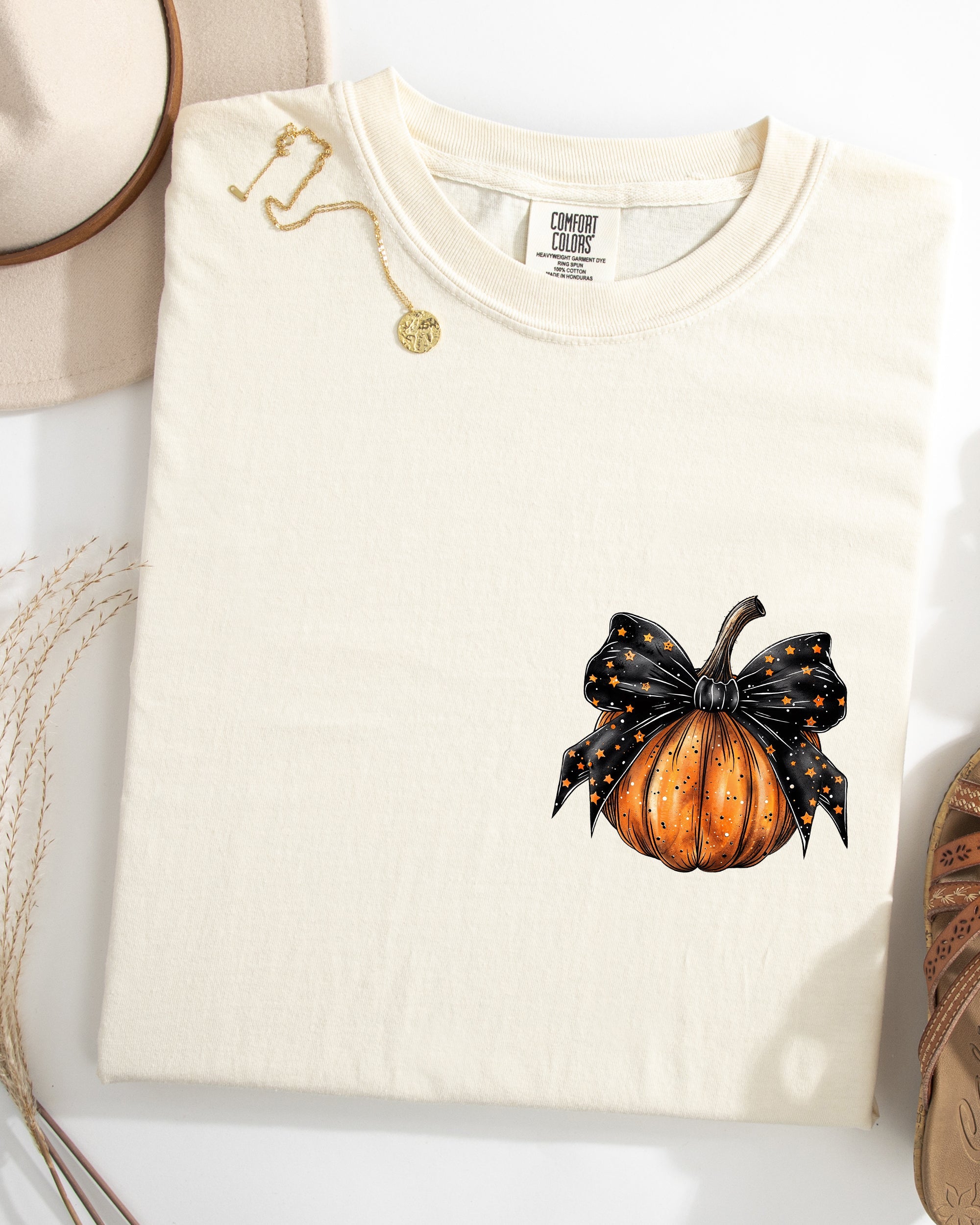 Halloween Pumpkin Ribbon Pocket Print Coquette Fall Autumn Seasonal Comfort Colors Tee
