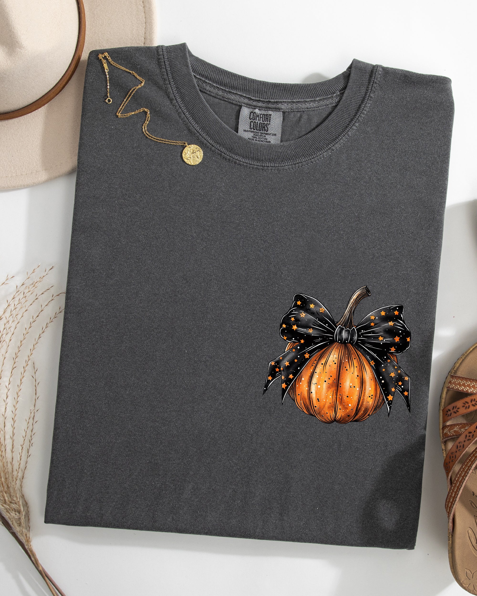 Halloween Pumpkin Ribbon Pocket Print Coquette Fall Autumn Seasonal Comfort Colors Tee