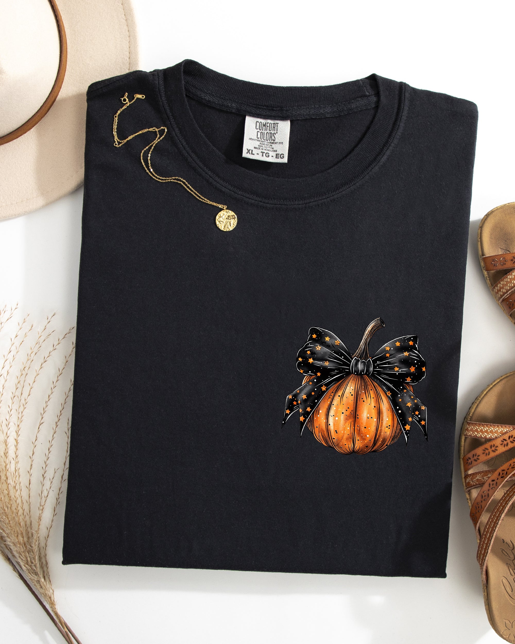 Halloween Pumpkin Ribbon Pocket Print Coquette Fall Autumn Seasonal Comfort Colors Tee