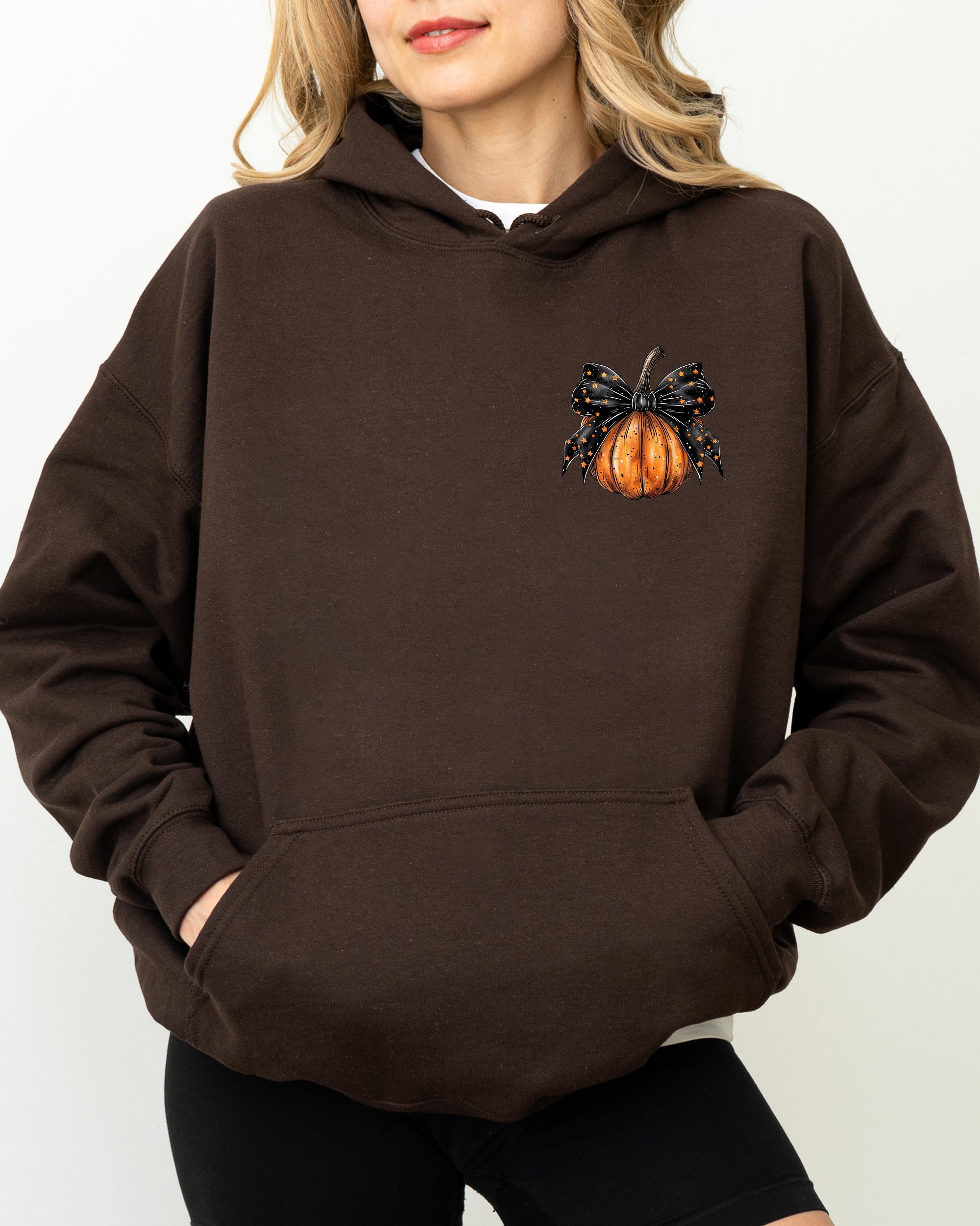 Halloween Pumpkin Ribbon Pocket Print Graphic Coquette Fall Autumn Hooded Sweatshirt