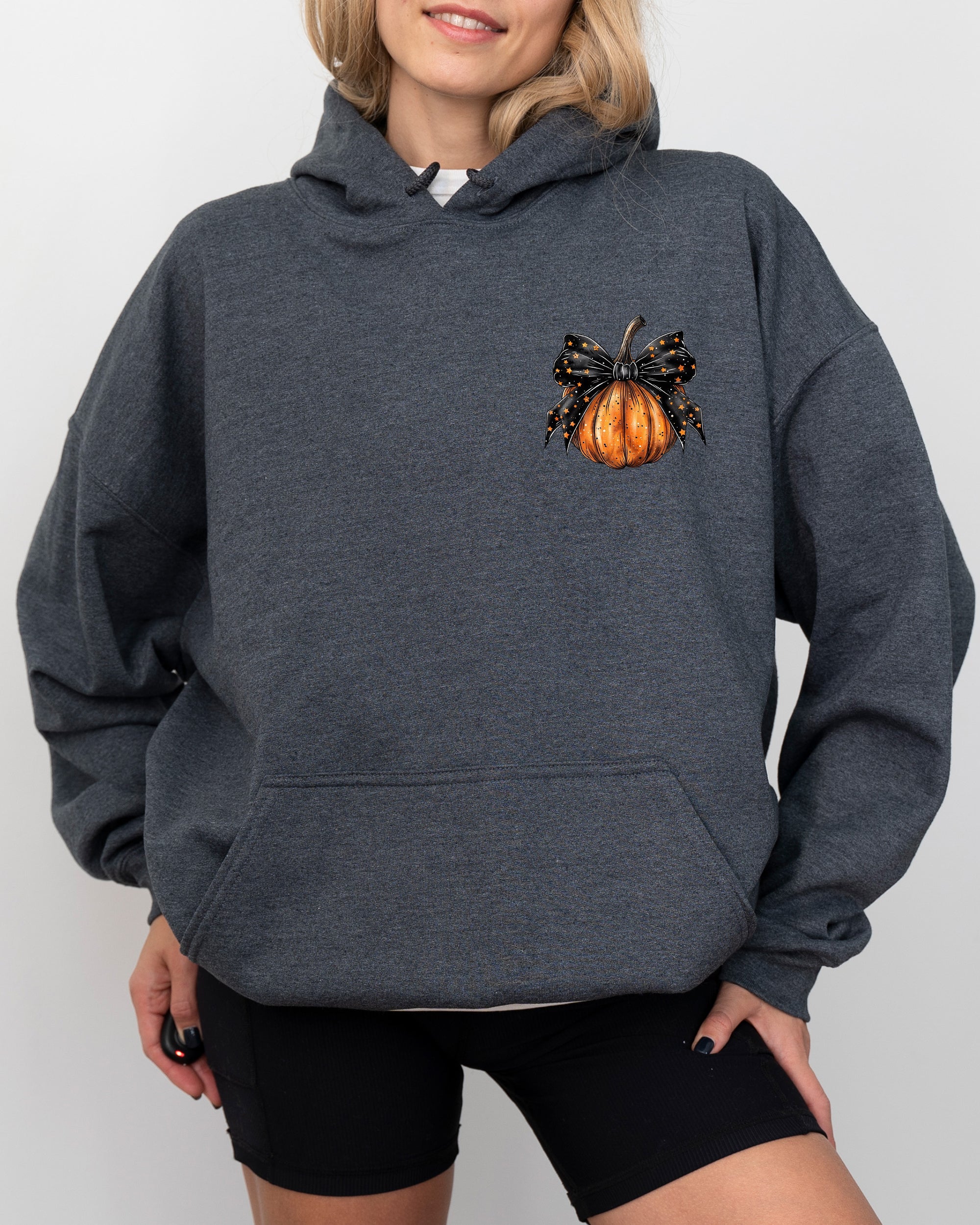 Halloween Pumpkin Ribbon Pocket Print Graphic Coquette Fall Autumn Hooded Sweatshirt
