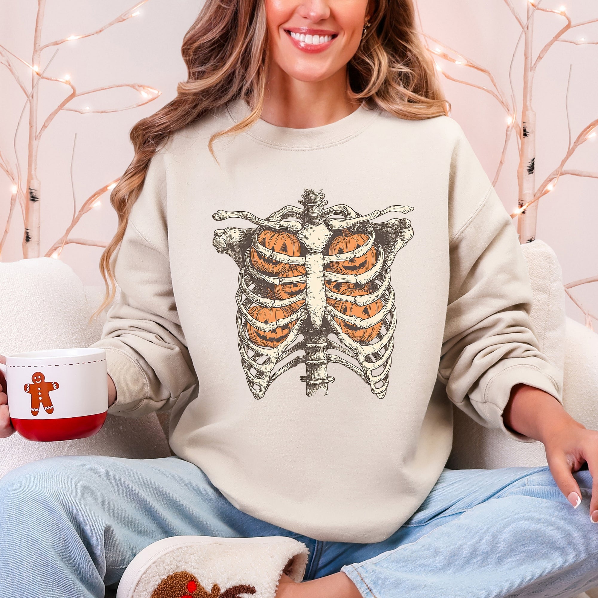Halloween Skeleton, Pumpkins, Anatomy, Spooky Graphic Art Print For Halloween Season Sweatshirt