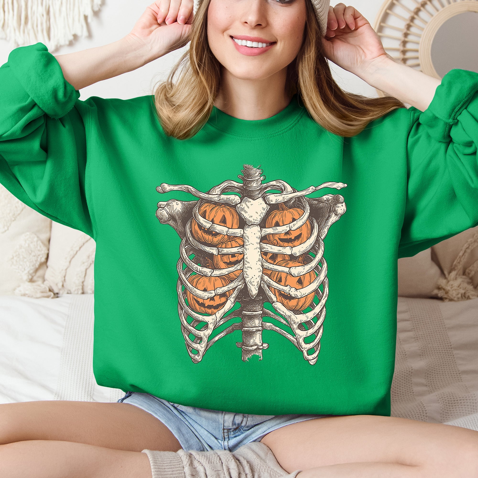 Halloween Skeleton, Pumpkins, Anatomy, Spooky Graphic Art Print For Halloween Season Sweatshirt