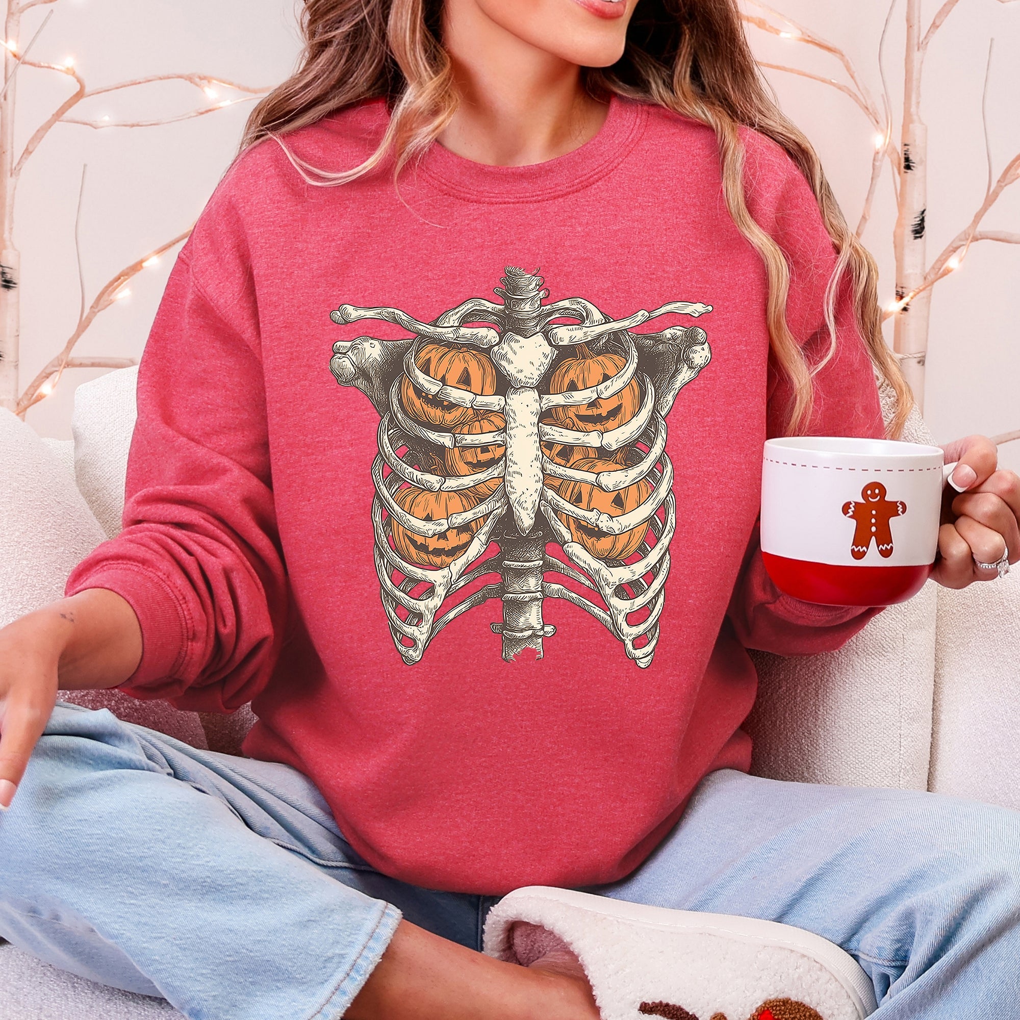 Halloween Skeleton, Pumpkins, Anatomy, Spooky Graphic Art Print For Halloween Season Sweatshirt