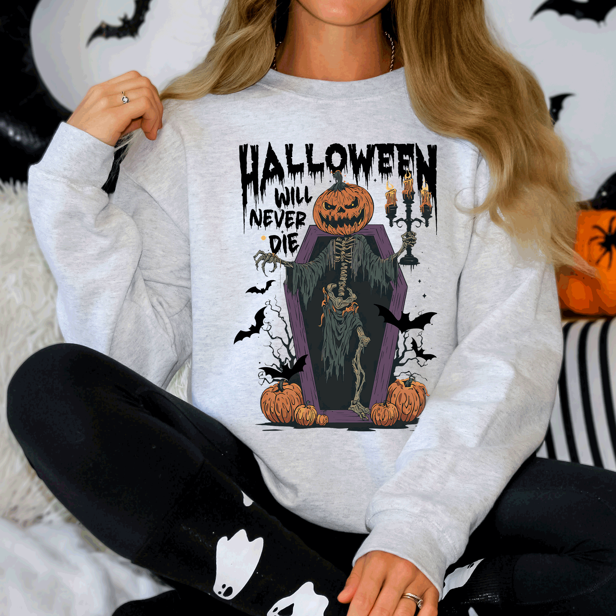 Halloween Will Never Die Spooky Jack O Lantern Pumpkin Haunted Autumn Night Graphic Illustration Collection Sweatshirt