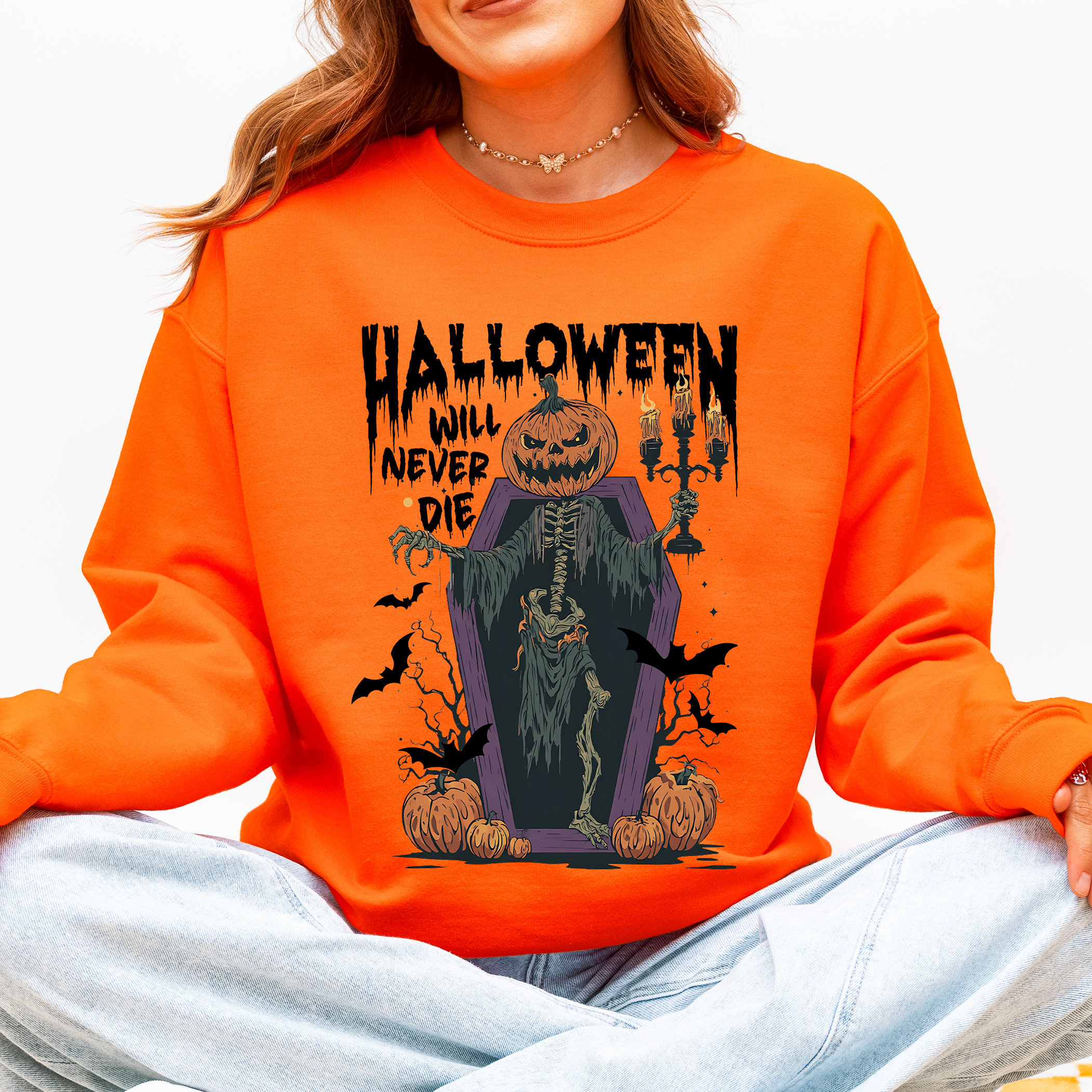 Halloween Will Never Die Spooky Jack O Lantern Pumpkin Haunted Autumn Night Graphic Illustration Collection Sweatshirt
