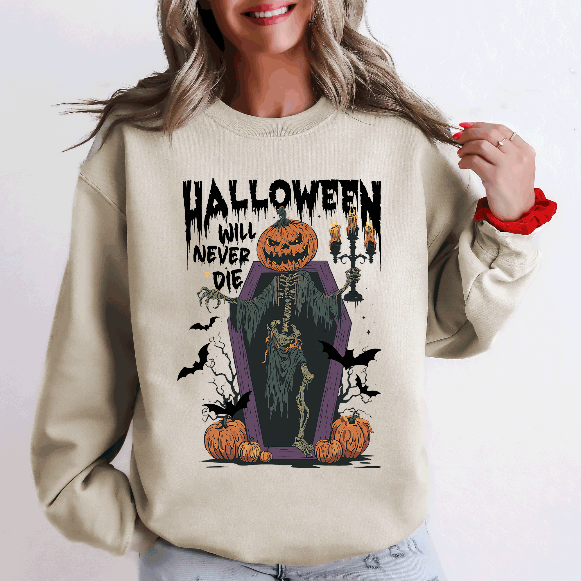 Halloween Will Never Die Spooky Jack O Lantern Pumpkin Haunted Autumn Night Graphic Illustration Collection Sweatshirt