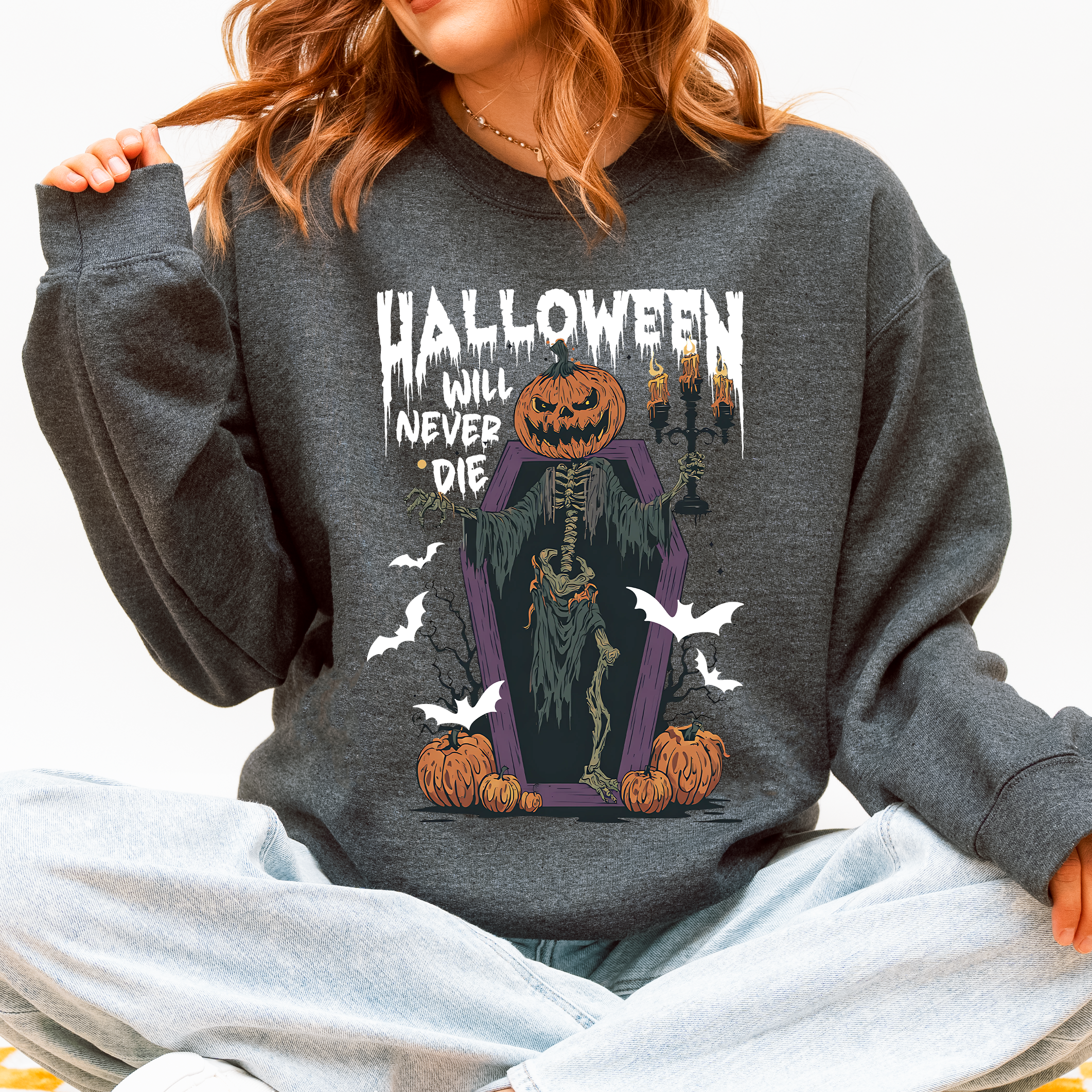 Halloween Will Never Die Spooky Jack O Lantern Pumpkin Haunted Autumn Night Graphic Illustration Collection Sweatshirt