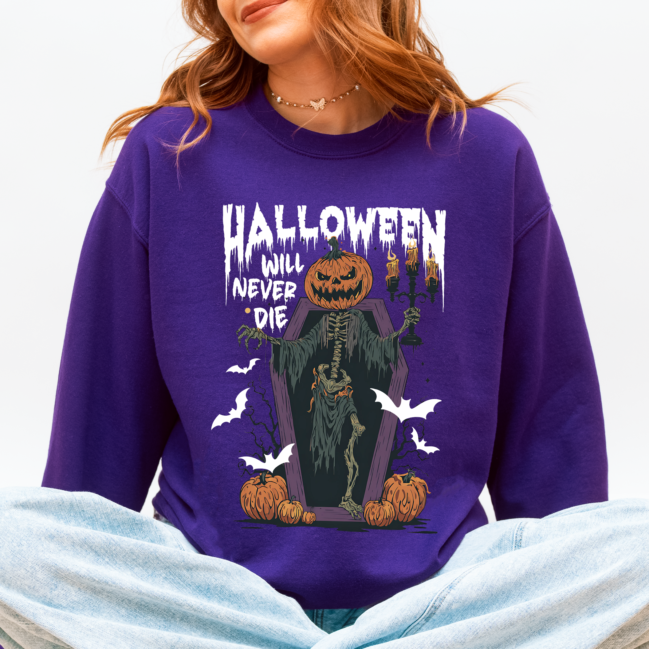 Halloween Will Never Die Spooky Jack O Lantern Pumpkin Haunted Autumn Night Graphic Illustration Collection Sweatshirt