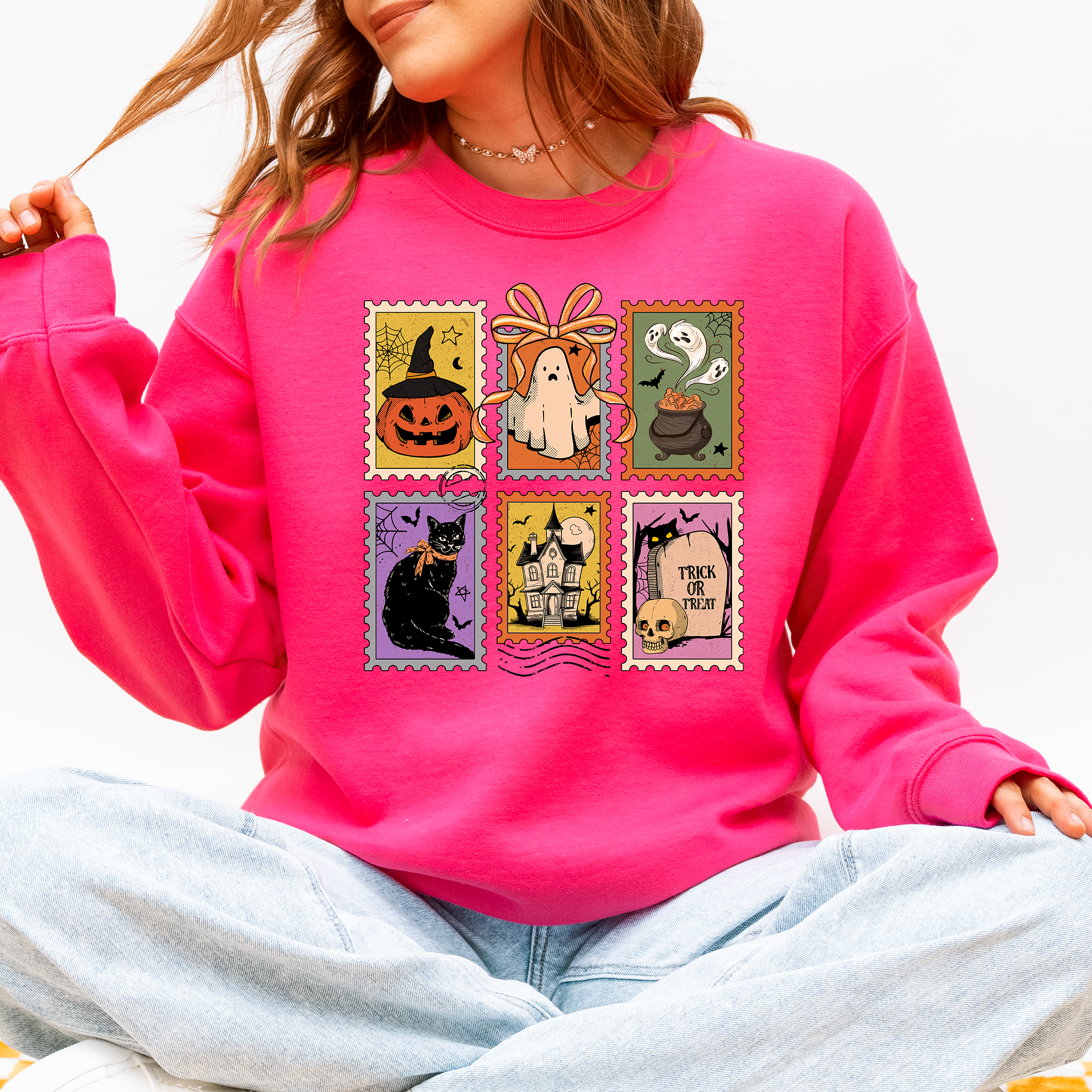 Haunting Halloween Night Parade With Ghosts Black Cat Pumpkins Witch Cozy Sweatshirt