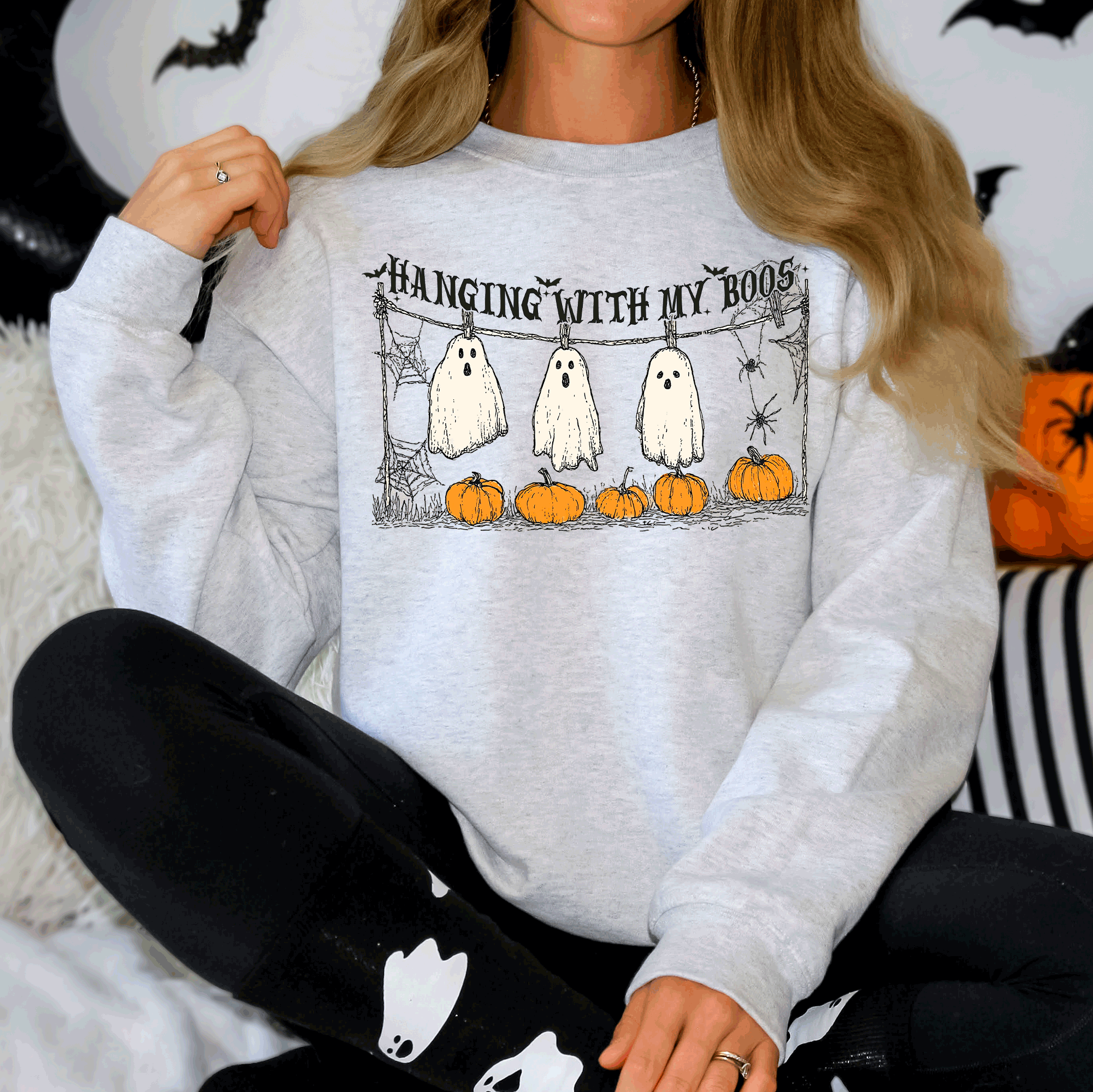 Hanging With My Boos Ghosts Halloween Spooky Seasonal Pumpkins Cozy Graphic Sweatshirt