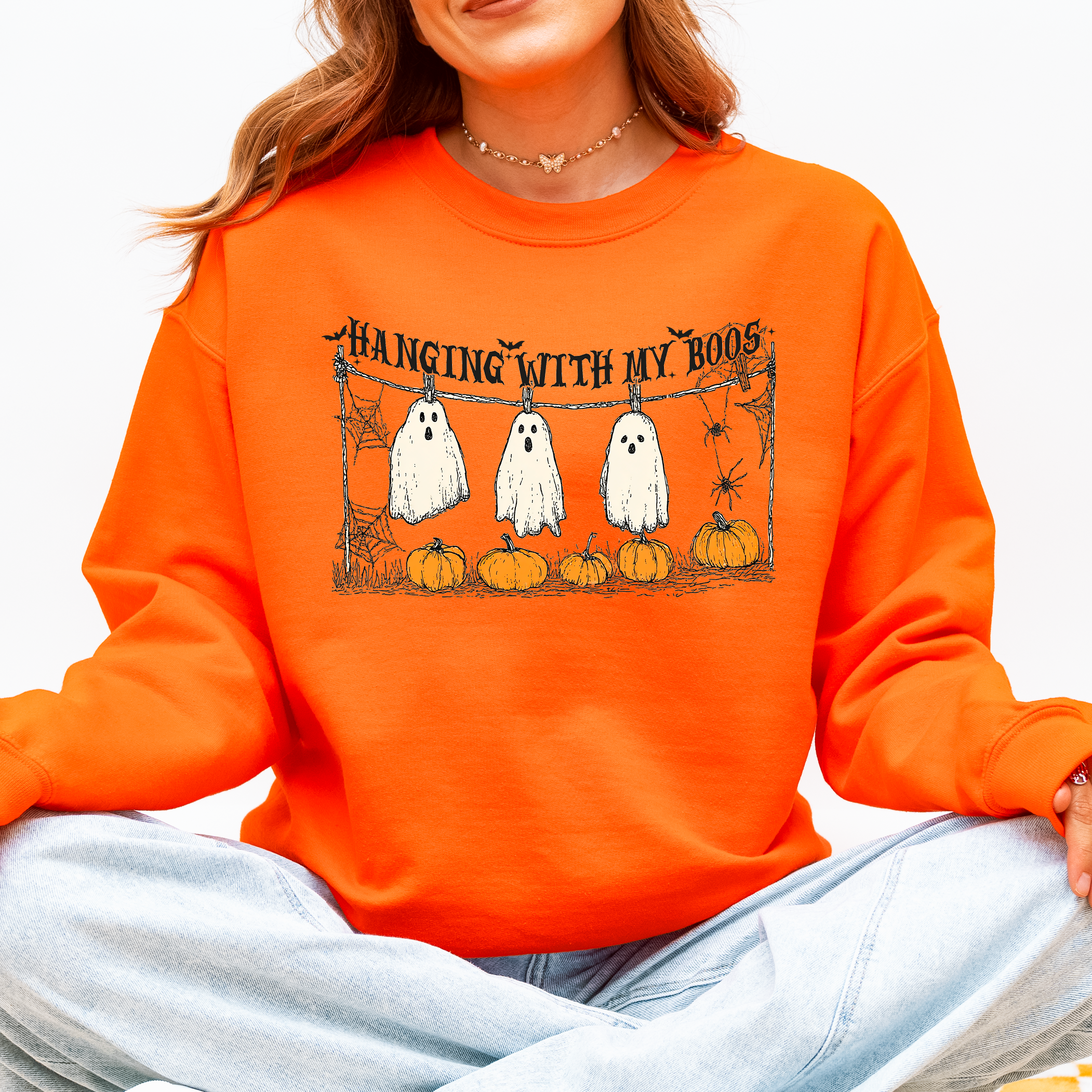 Hanging With My Boos Ghosts Halloween Spooky Seasonal Pumpkins Cozy Graphic Sweatshirt