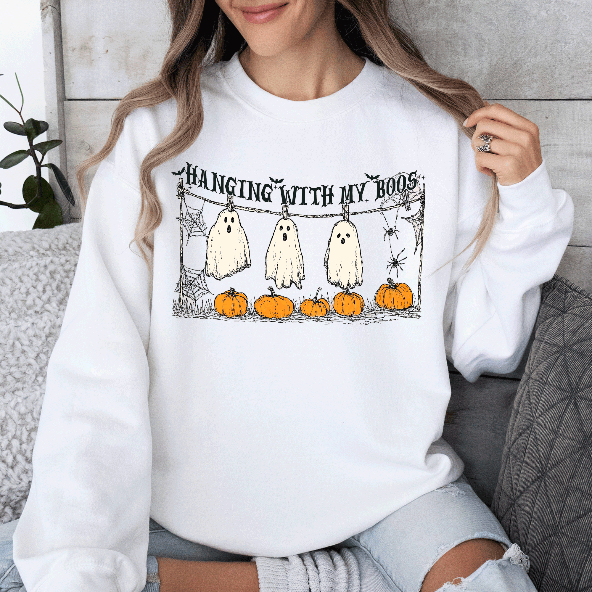 Hanging With My Boos Ghosts Halloween Spooky Seasonal Pumpkins Cozy Graphic Sweatshirt