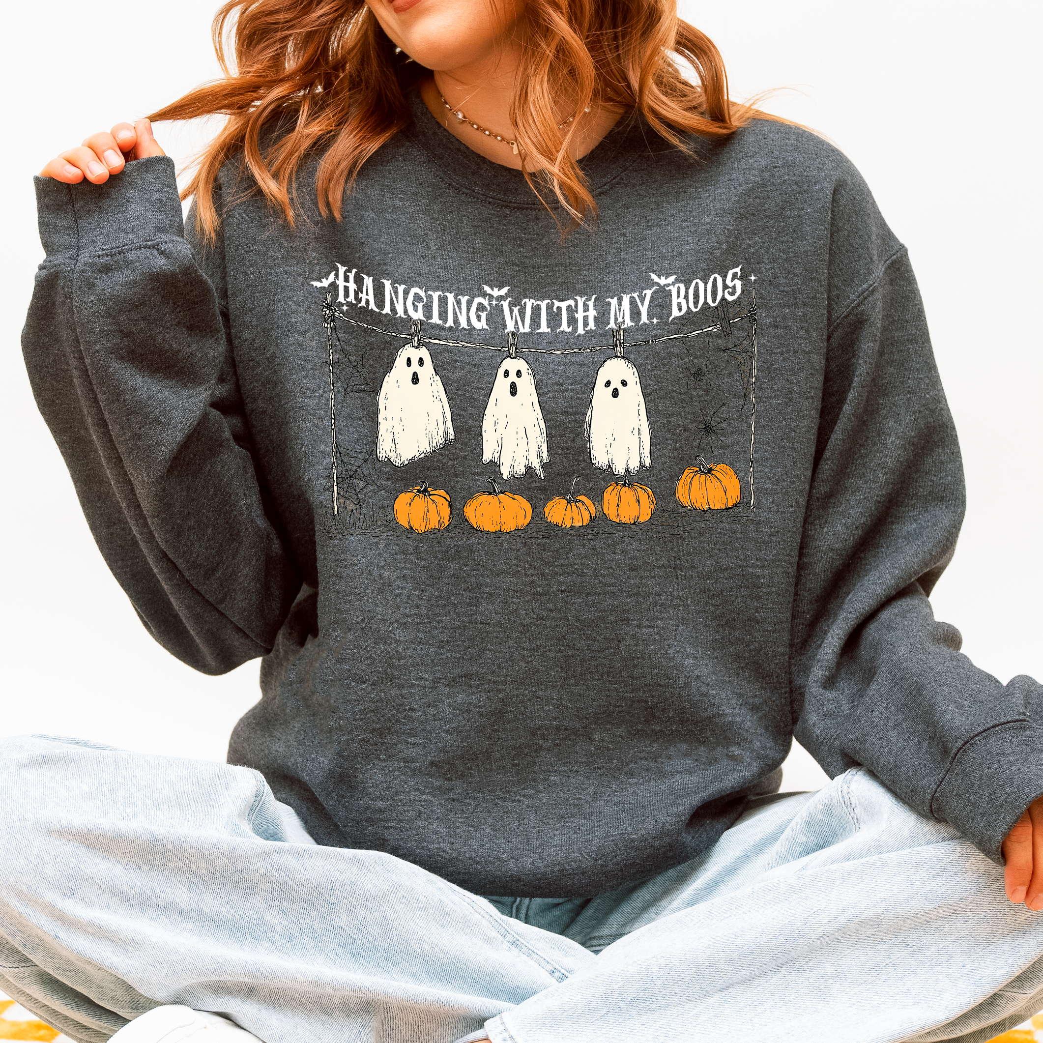 Hanging With My Boos Ghosts Halloween Spooky Seasonal Pumpkins Cozy Graphic Sweatshirt