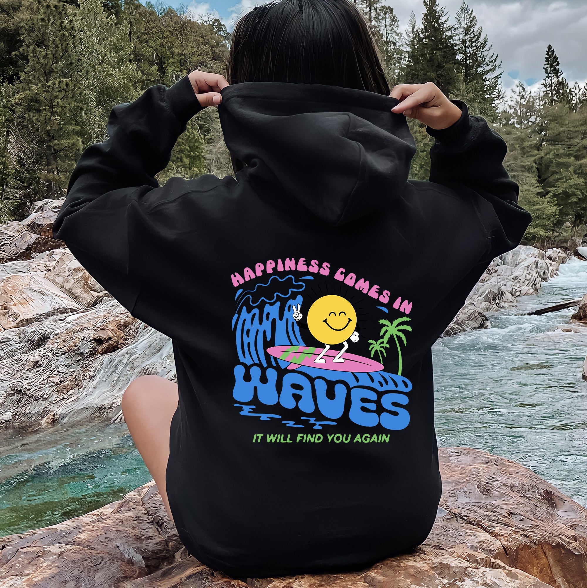 Happiness Comes In Waves Retro Beach Vibes Fun Sun Coastal Sunrise Mood Graphic Hoodie