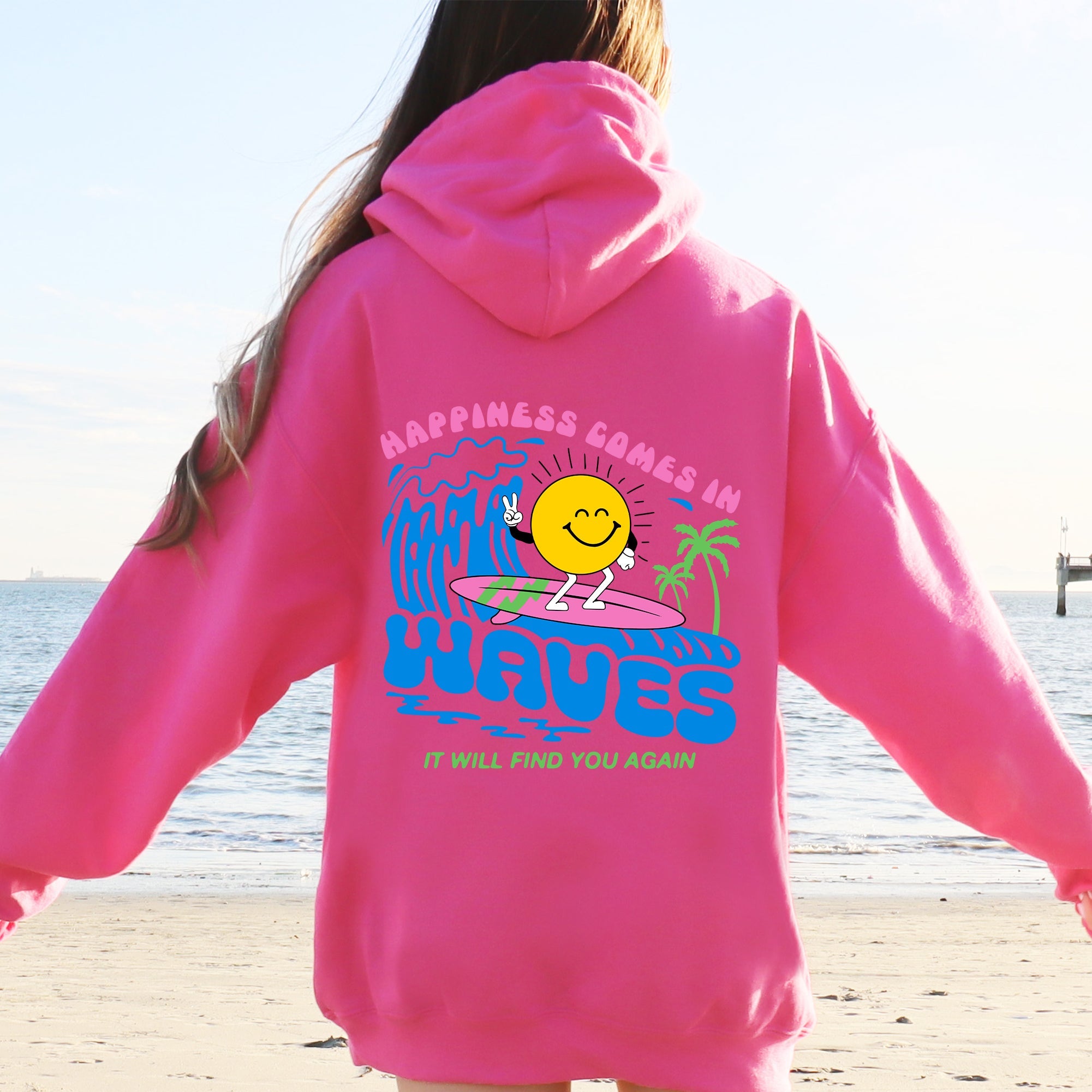 Happiness Comes In Waves Retro Beach Vibes Fun Sun Coastal Sunrise Mood Graphic Hoodie