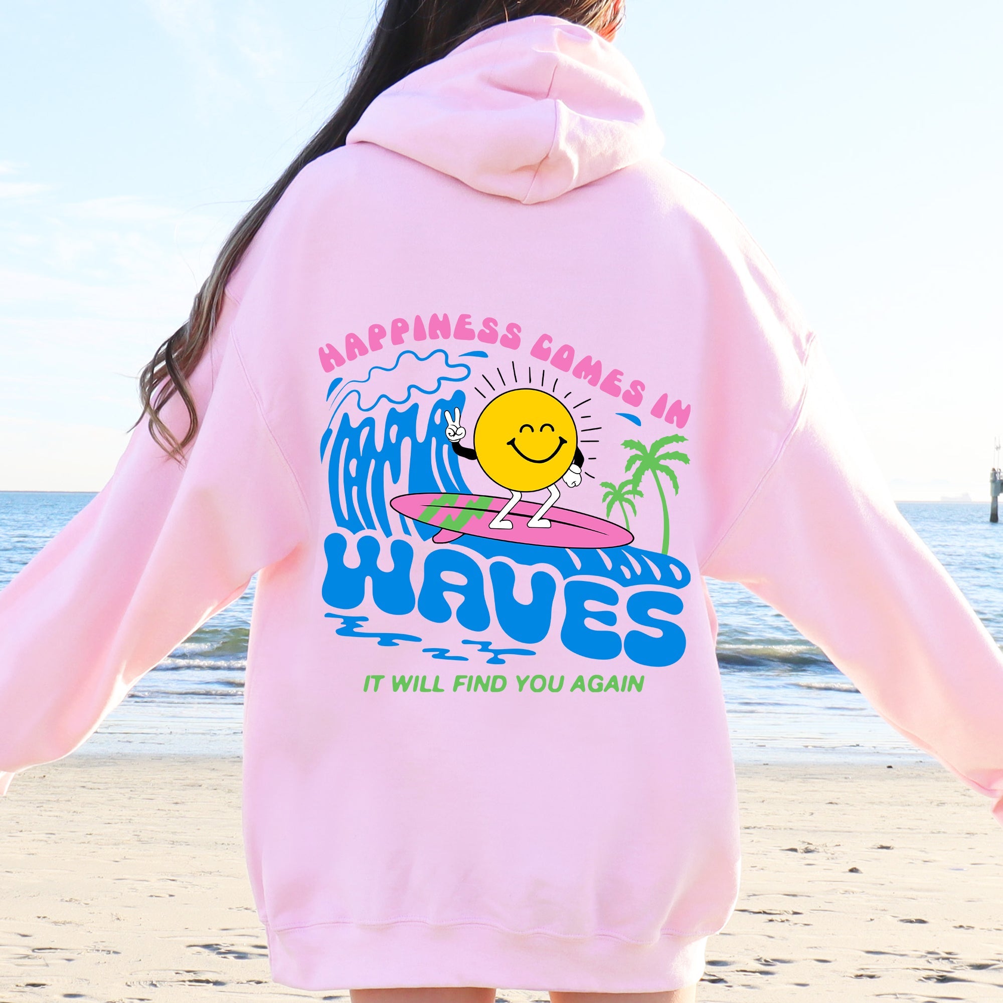Happiness Comes In Waves Retro Beach Vibes Fun Sun Coastal Sunrise Mood Graphic Hoodie