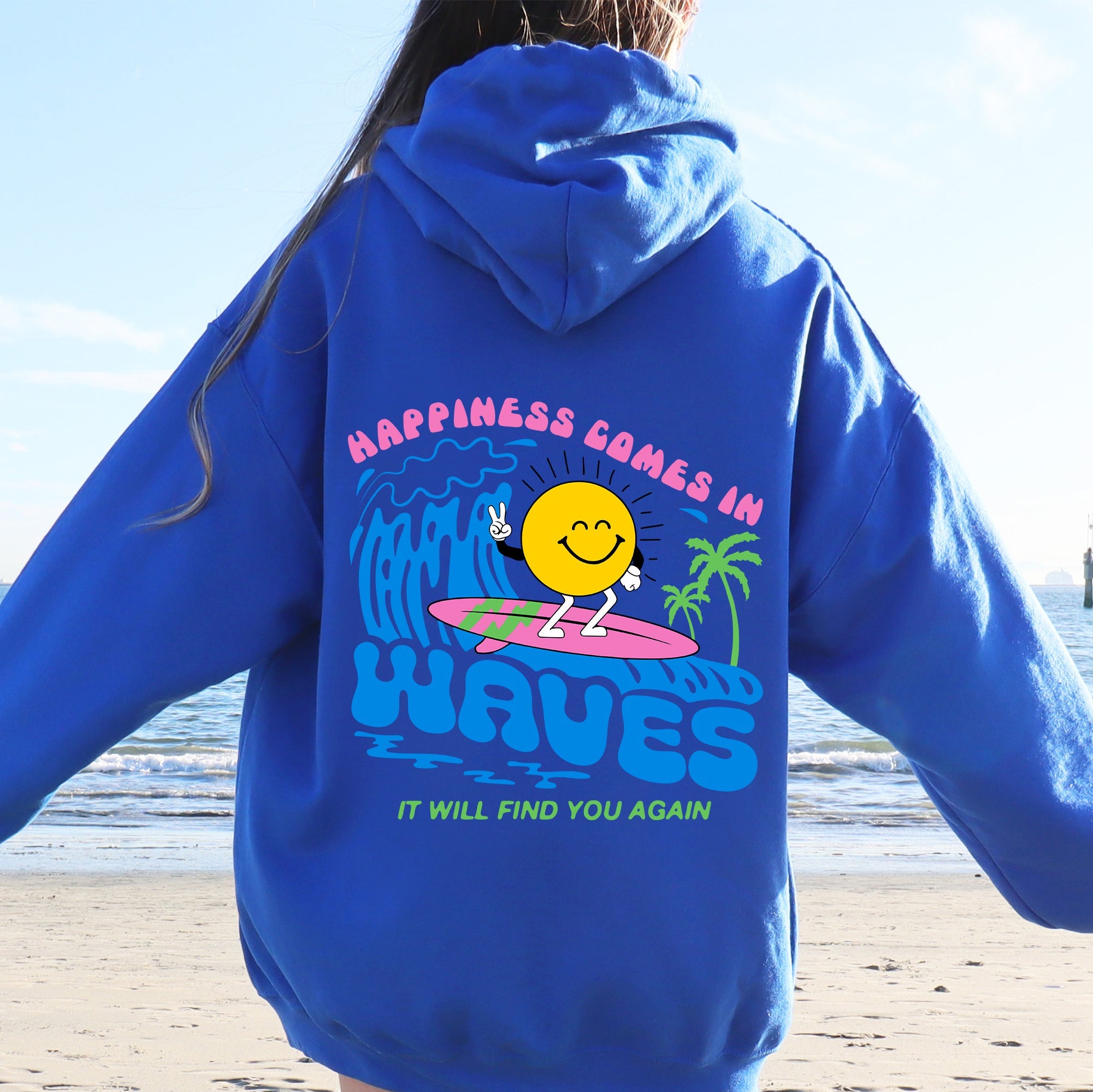 Happiness Comes In Waves Retro Beach Vibes Fun Sun Coastal Sunrise Mood Graphic Hoodie