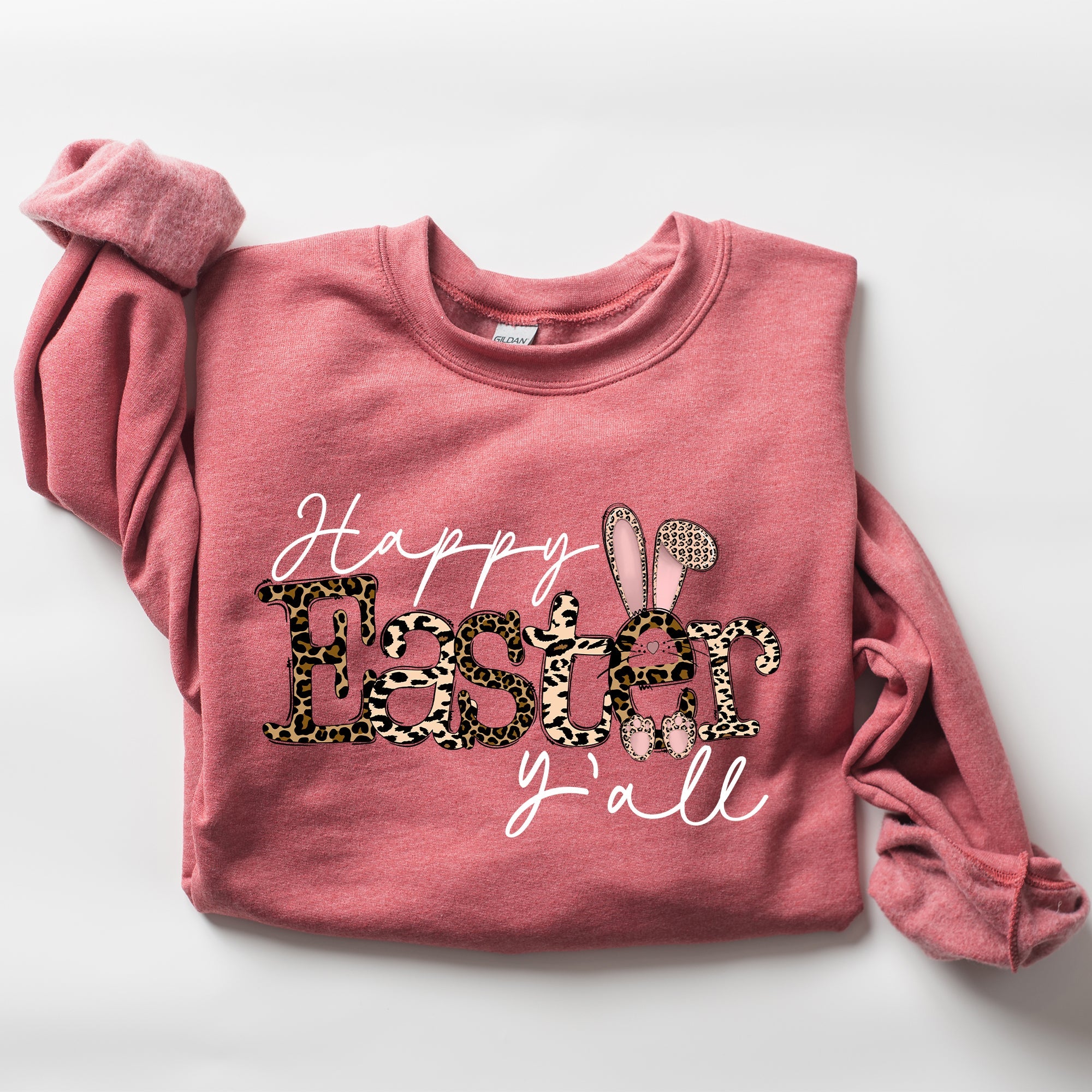 Happy Easter Y'all Leopard Print Rabbit Playful Bunny Motif For Springtime Celebration Cozy Fleece Sweatshirt