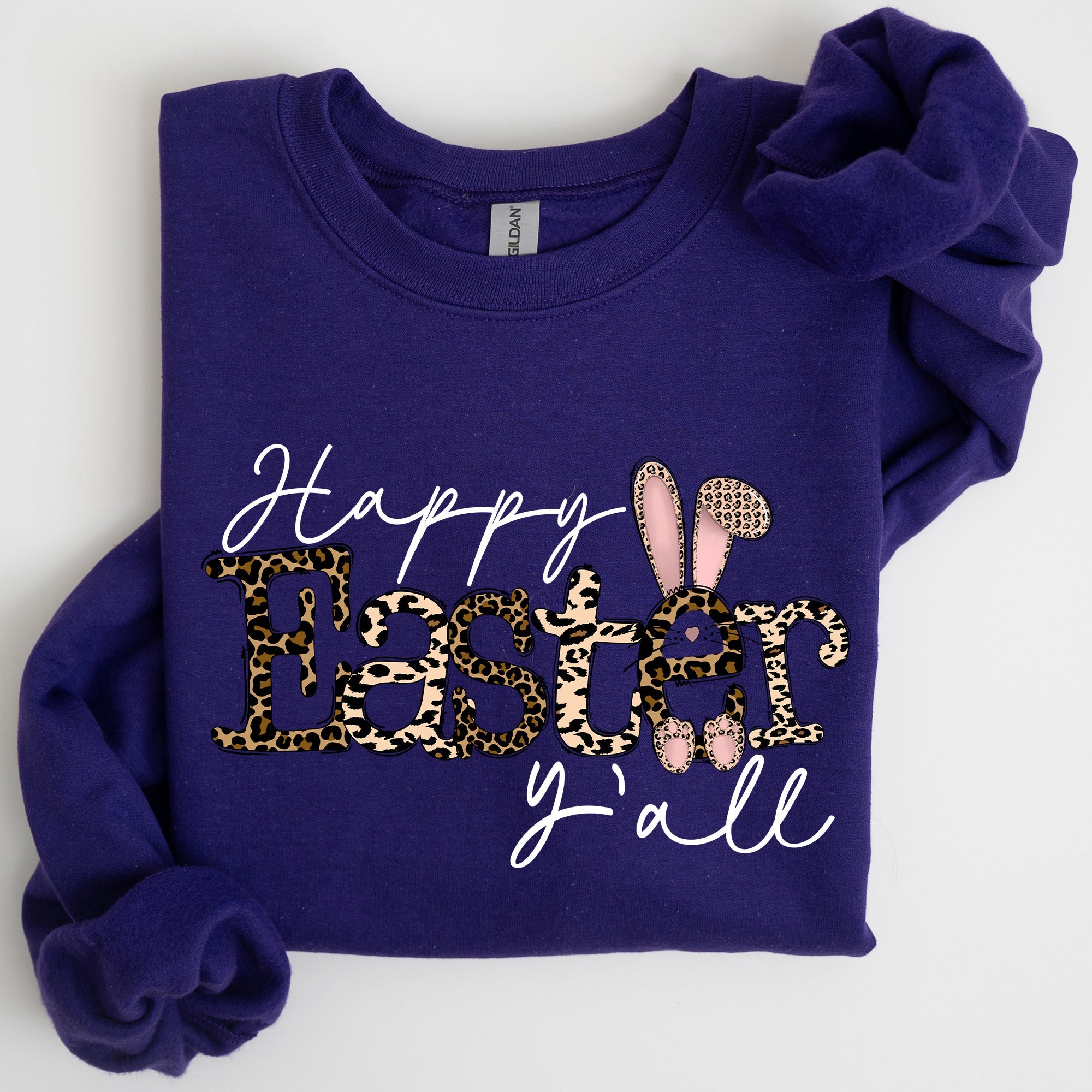 Happy Easter Y'all Leopard Print Rabbit Playful Bunny Motif For Springtime Celebration Cozy Fleece Sweatshirt