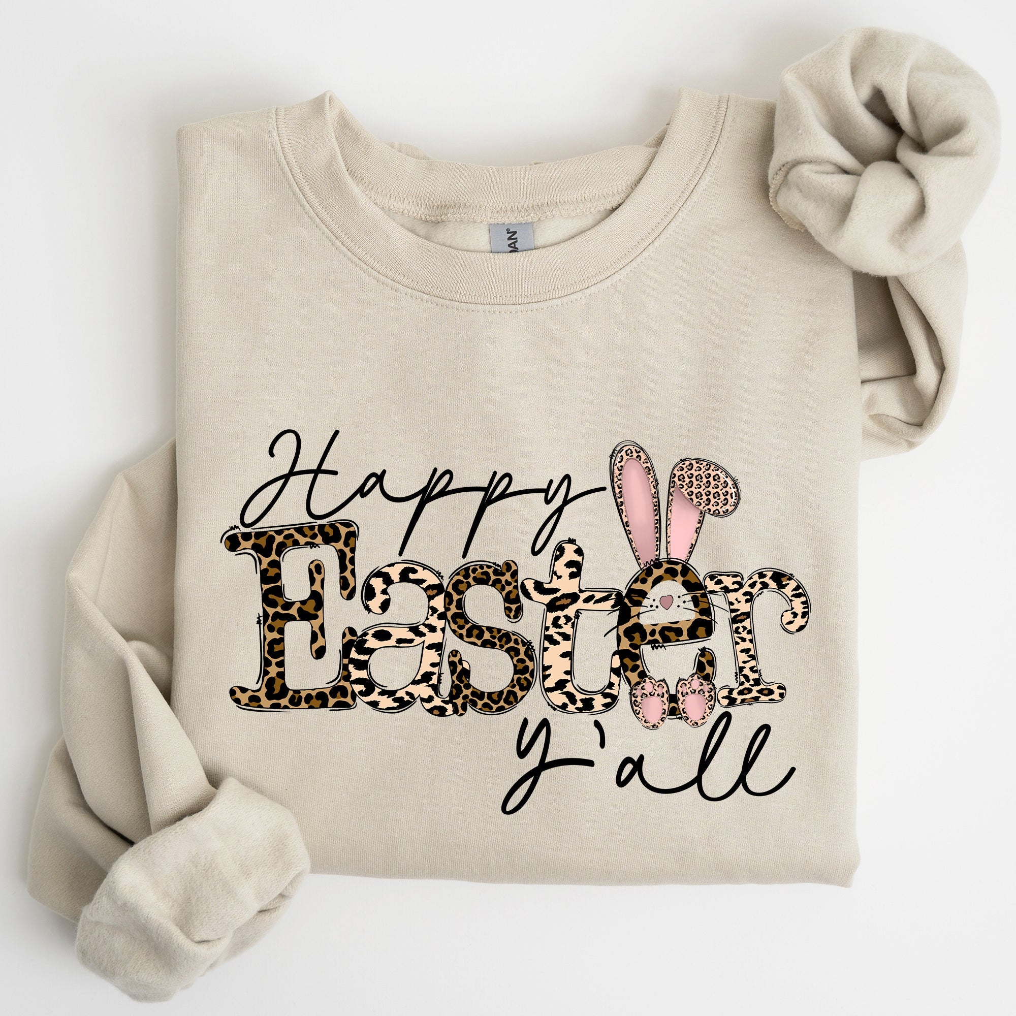 Happy Easter Y'all Leopard Print Rabbit Playful Bunny Motif For Springtime Celebration Cozy Fleece Sweatshirt
