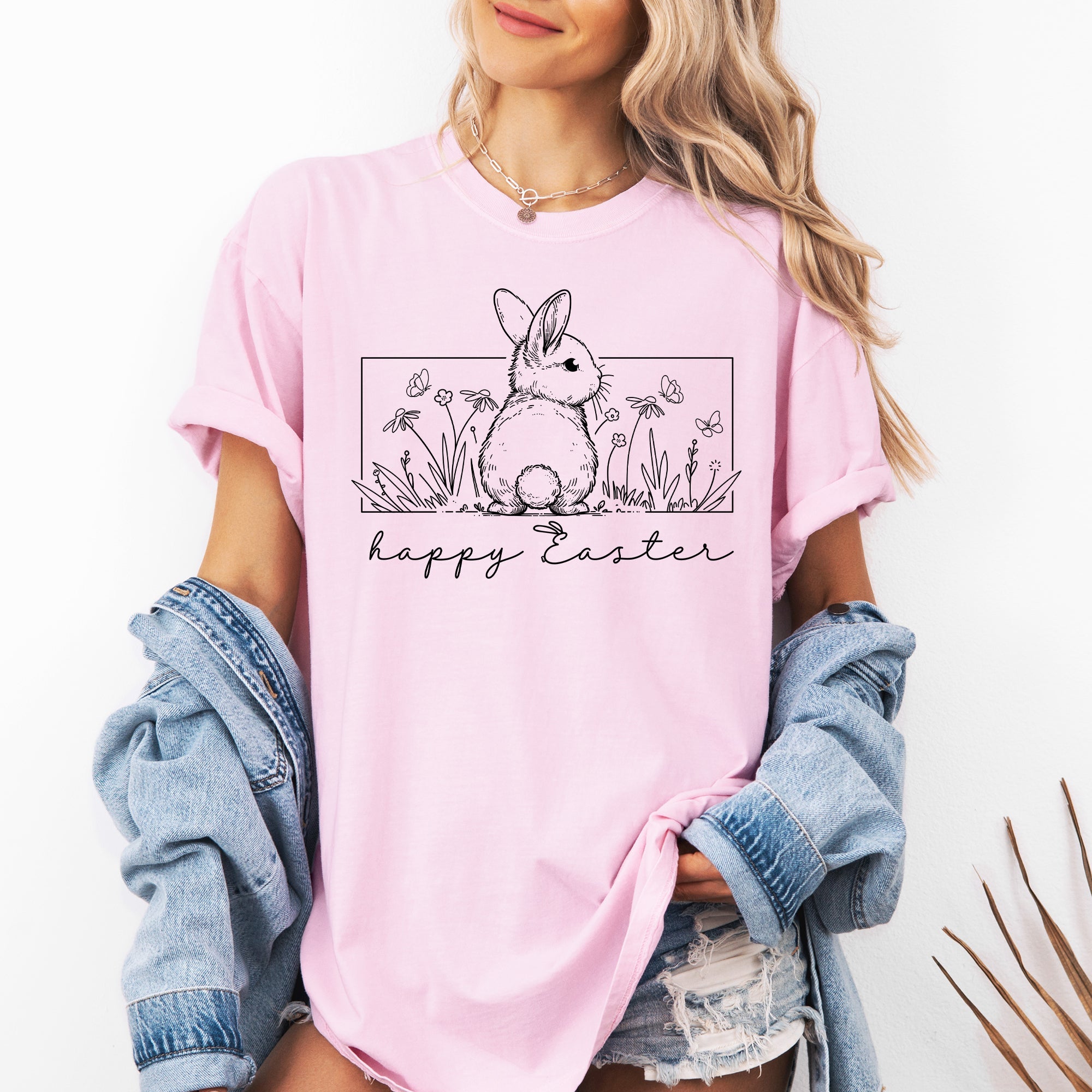 Happy Easter Minimal Bunny Jesus Rabbit Holiday Scene Artwork Comfort Colors Tee