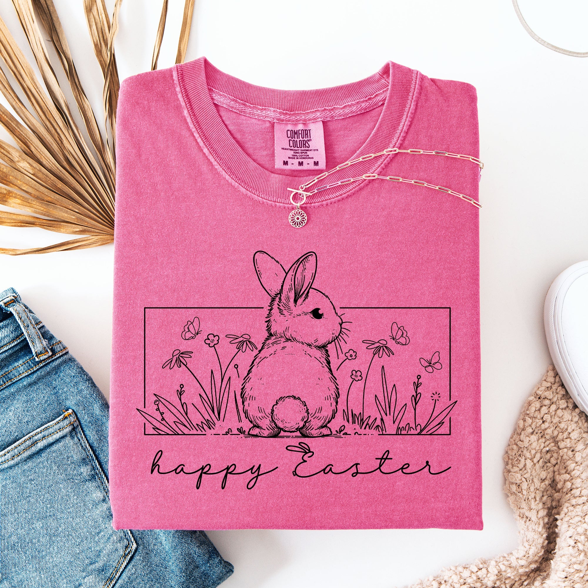 Happy Easter Minimal Bunny Jesus Rabbit Holiday Scene Artwork Comfort Colors Tee