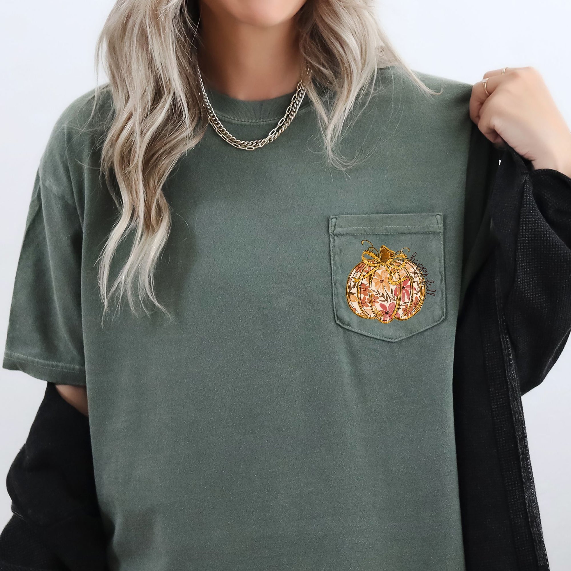 Happy Fall Pumpkin Thanksgiving Flowers Graphic Pocket Vintage Autumn Floral Edition Comfort Colors Tee