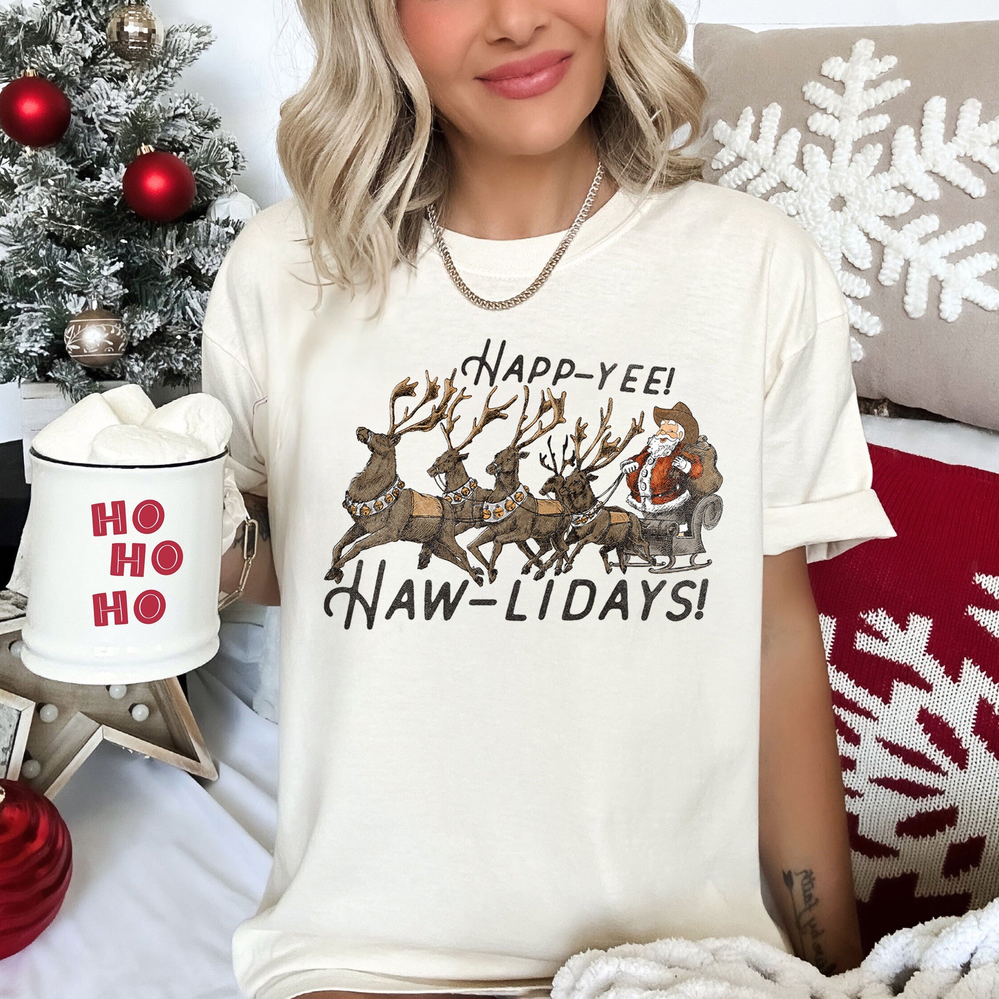 Happy Holidays, Yee Haw, Santa Cowboy, Reindeer Rodeo Christmas Edition Comfort Colors Tee