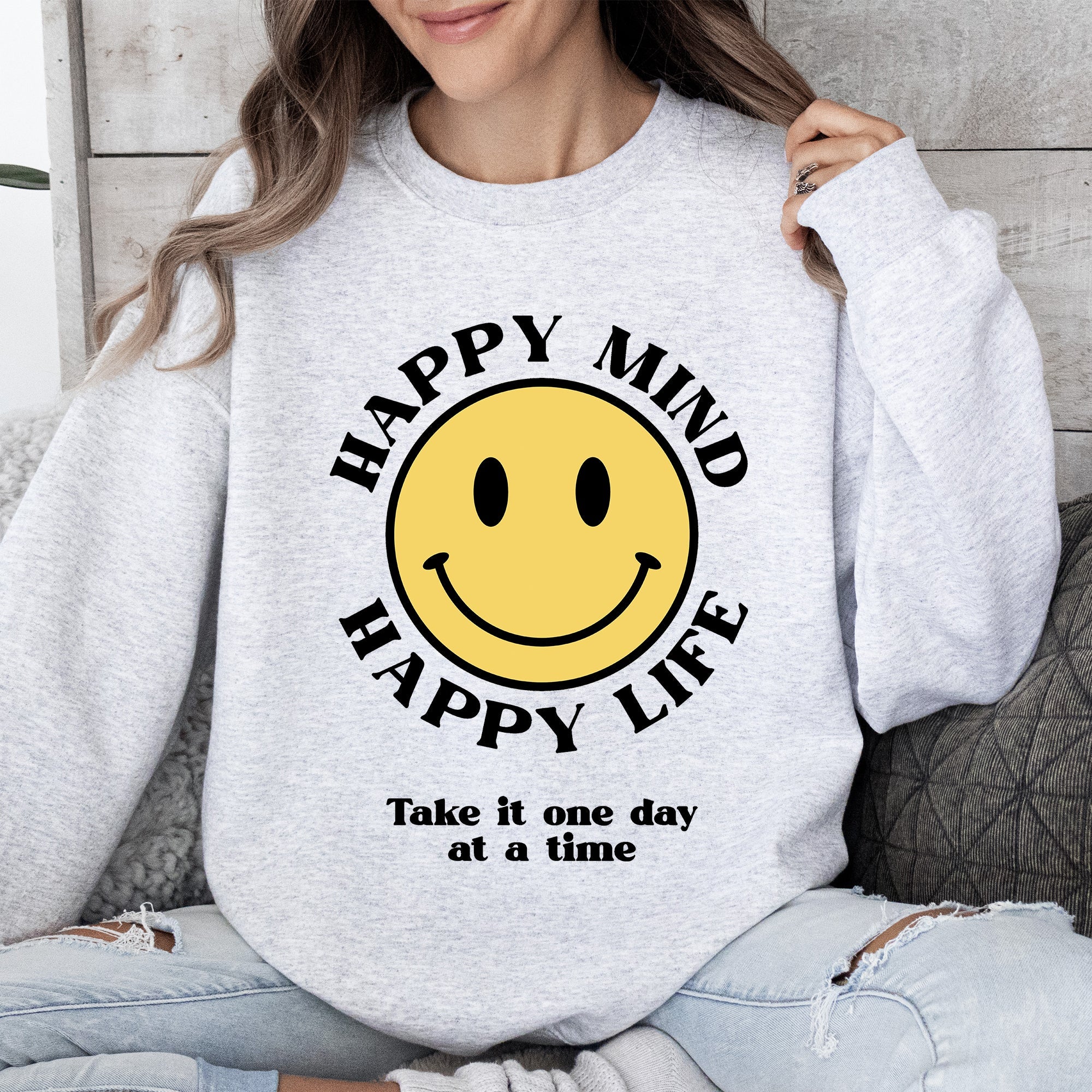 Happy Mind Happy Life Mental Health Self Love Soft Cotton Blend Cozy Everyday Positive Mindset Sweatshirt