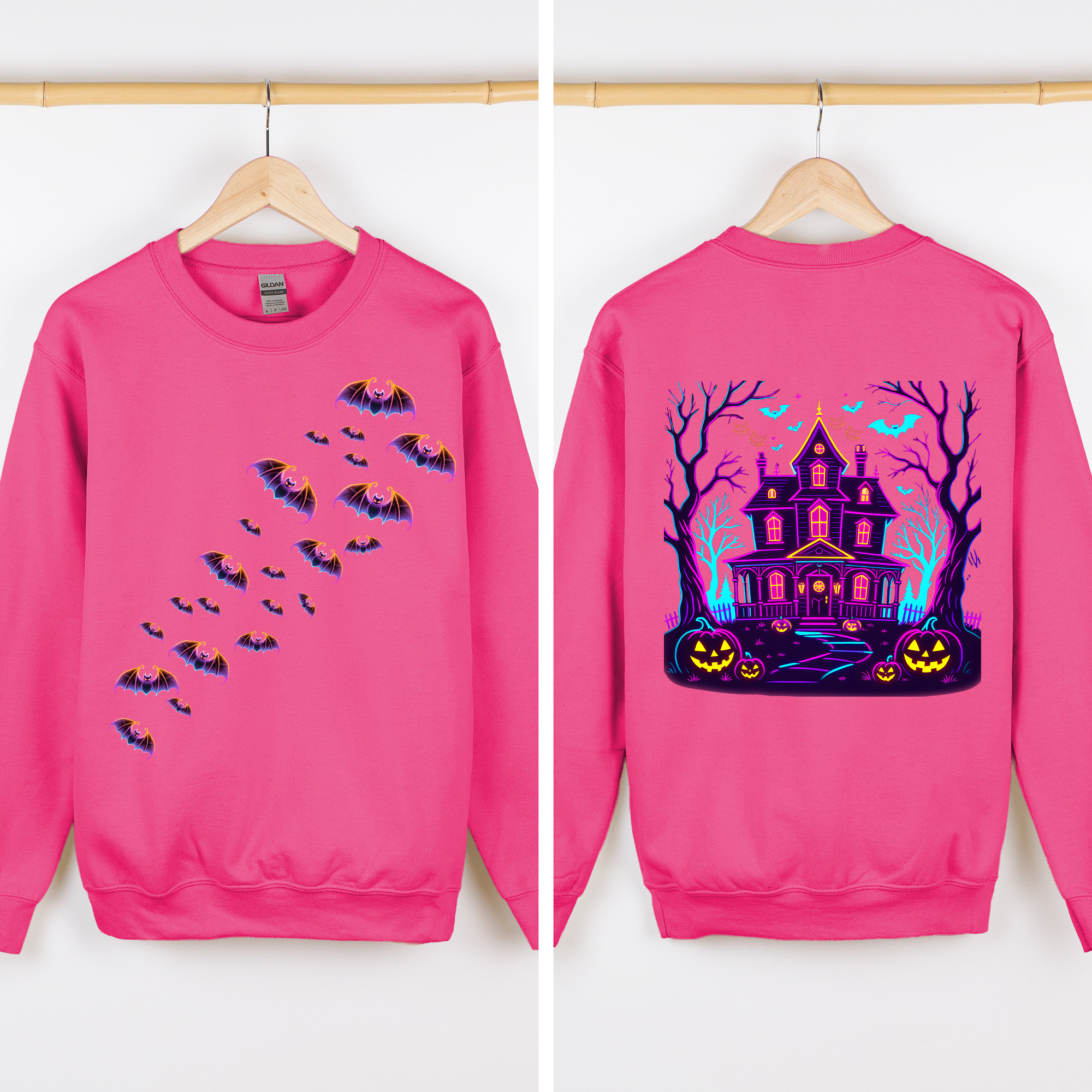 Haunted House Bright Colors Front And Back Print Bats Ghosts Halloween Sweatshirt
