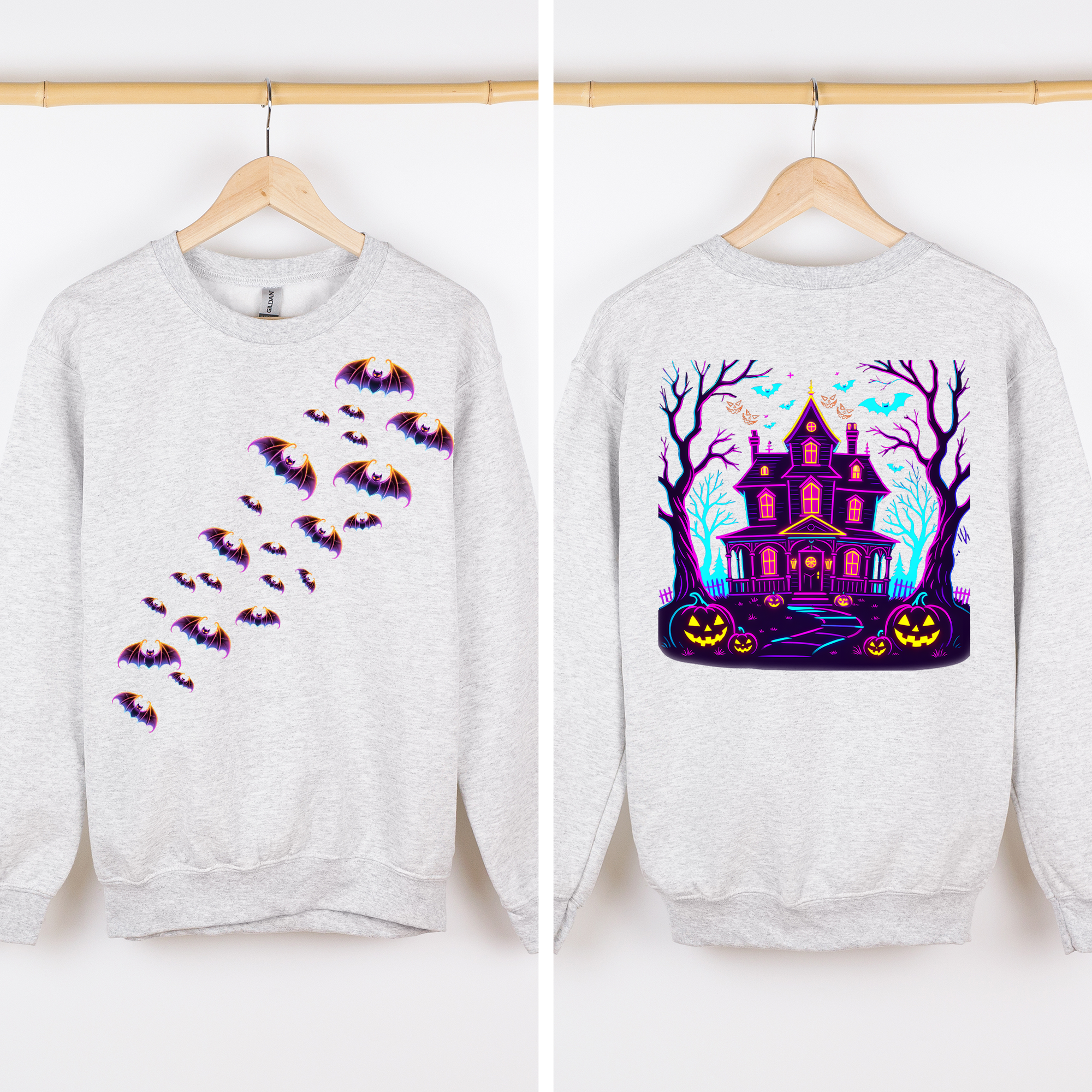 Haunted House Bright Colors Front And Back Print Bats Ghosts Halloween Sweatshirt