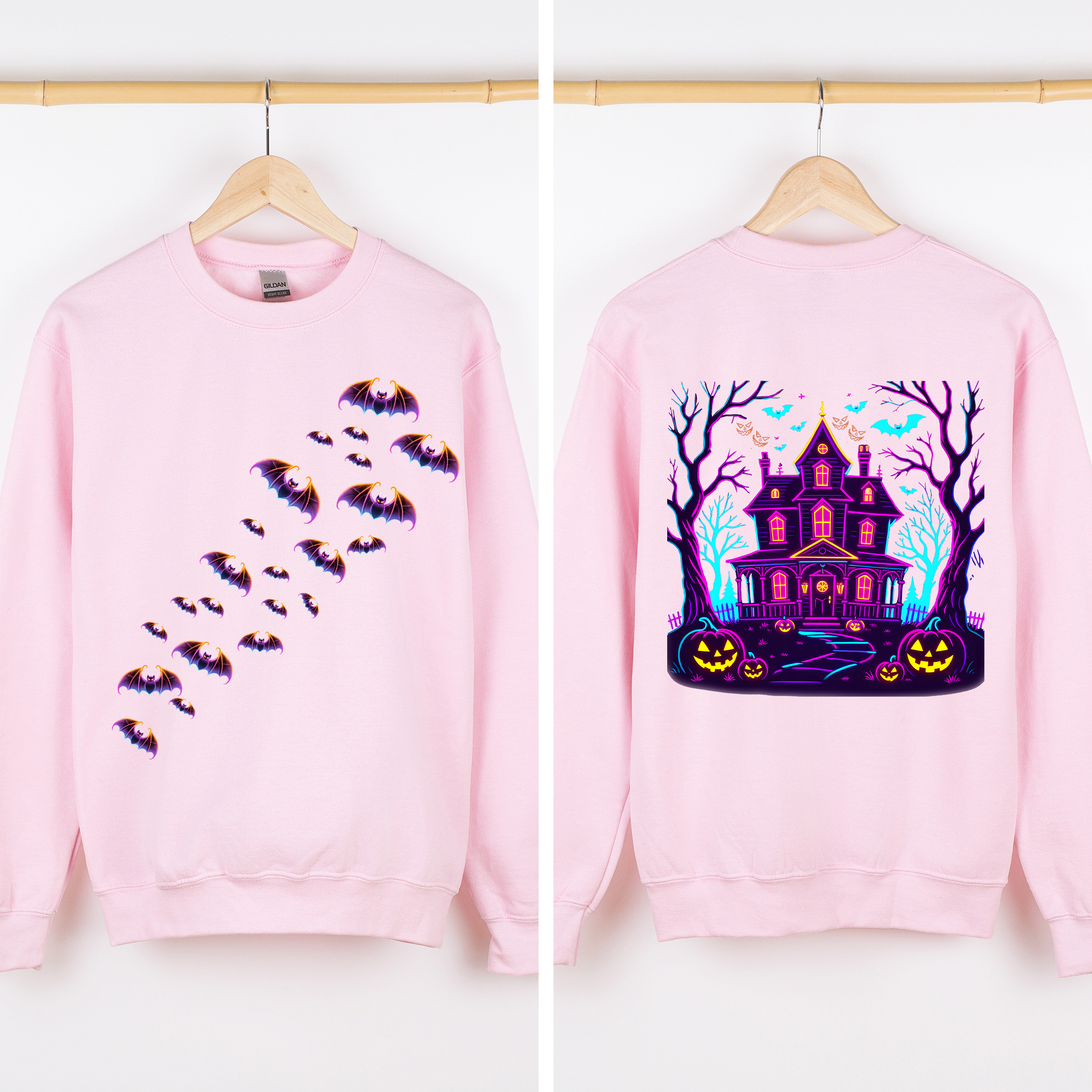 Haunted House Bright Colors Front And Back Print Bats Ghosts Halloween Sweatshirt