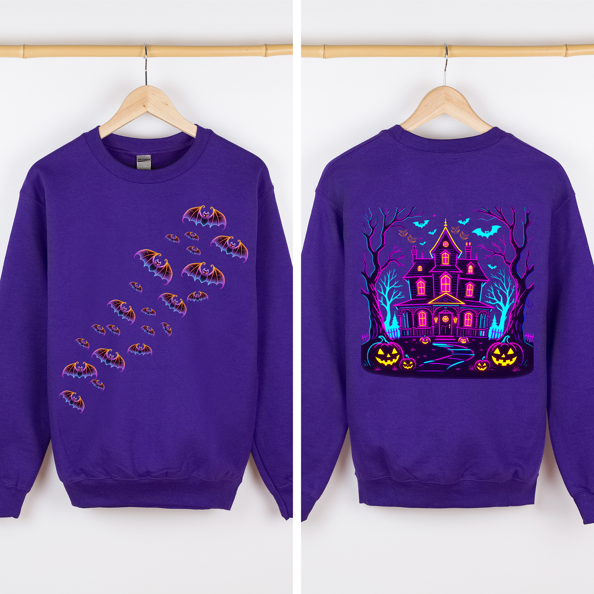 Haunted House Bright Colors Front And Back Print Bats Ghosts Halloween Sweatshirt
