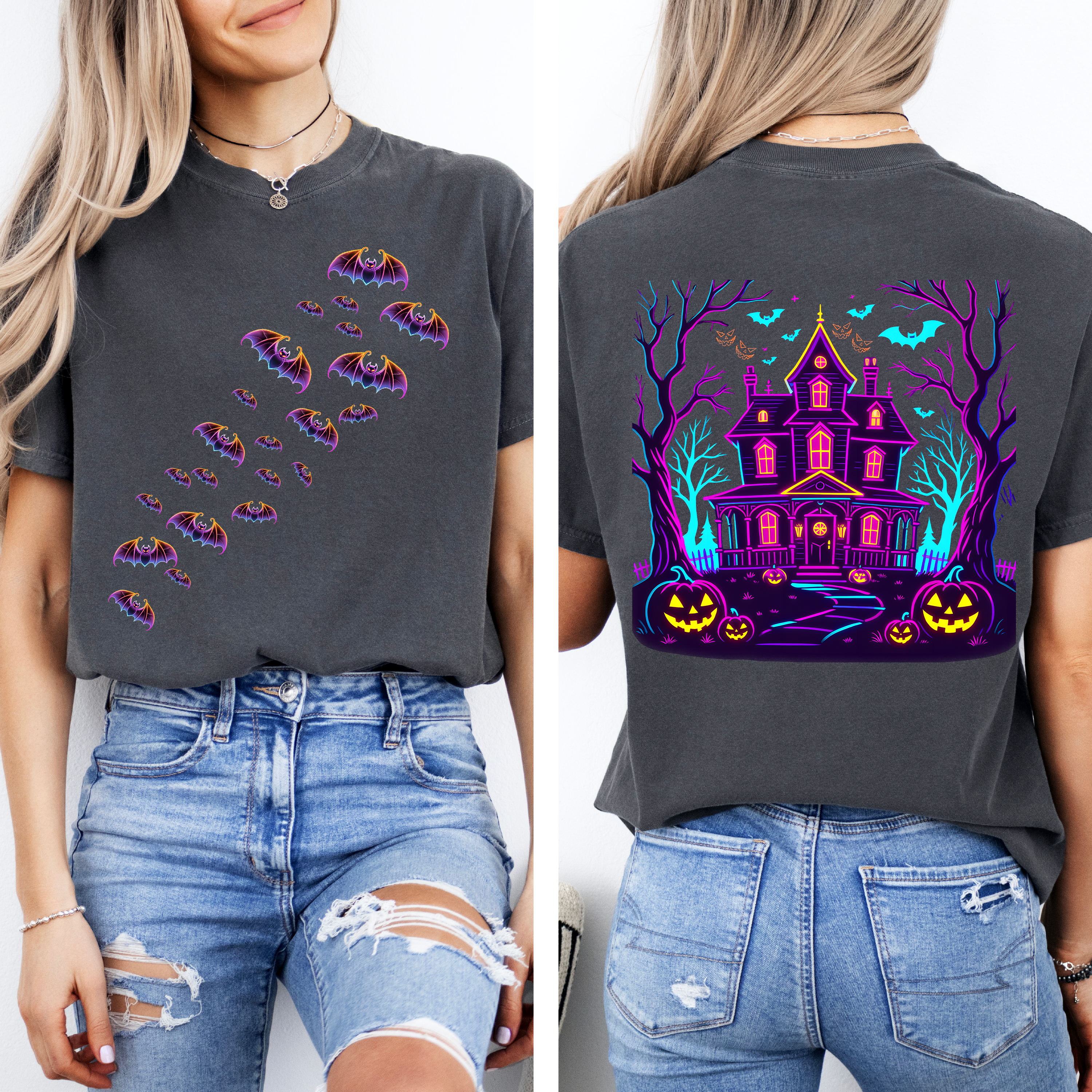 Haunted House Front And Back Bats Ghosts Spooky Scene Glow In The Dark Comfort Colors Tee