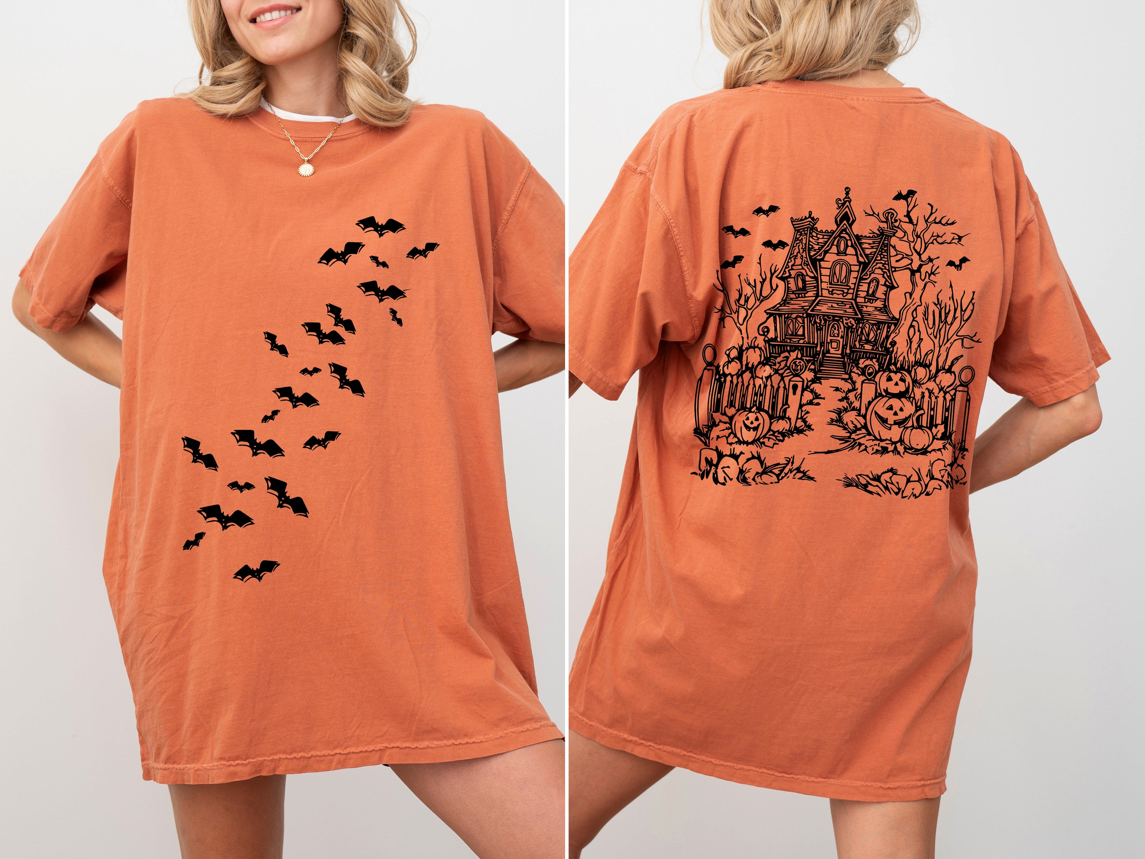 Haunted House Front And Back Halloween Retro Fall Autumn Bats Witches Skeleton Jack-O-Lanterns Comfort Colors Tee