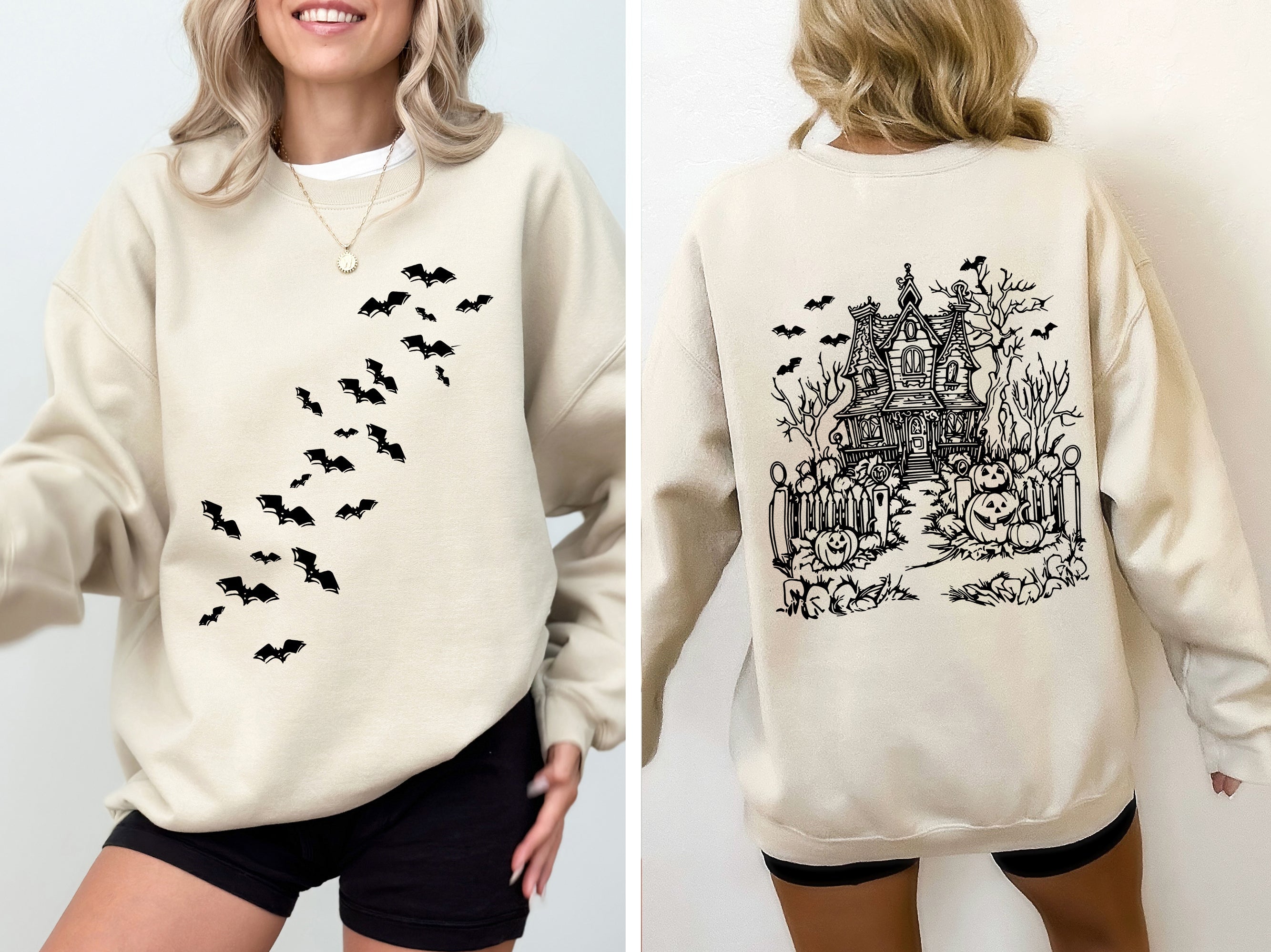 Haunted House Halloween Retro Bats Witches Skeleton Jack-O-Lanterns Spooky Sweatshirt