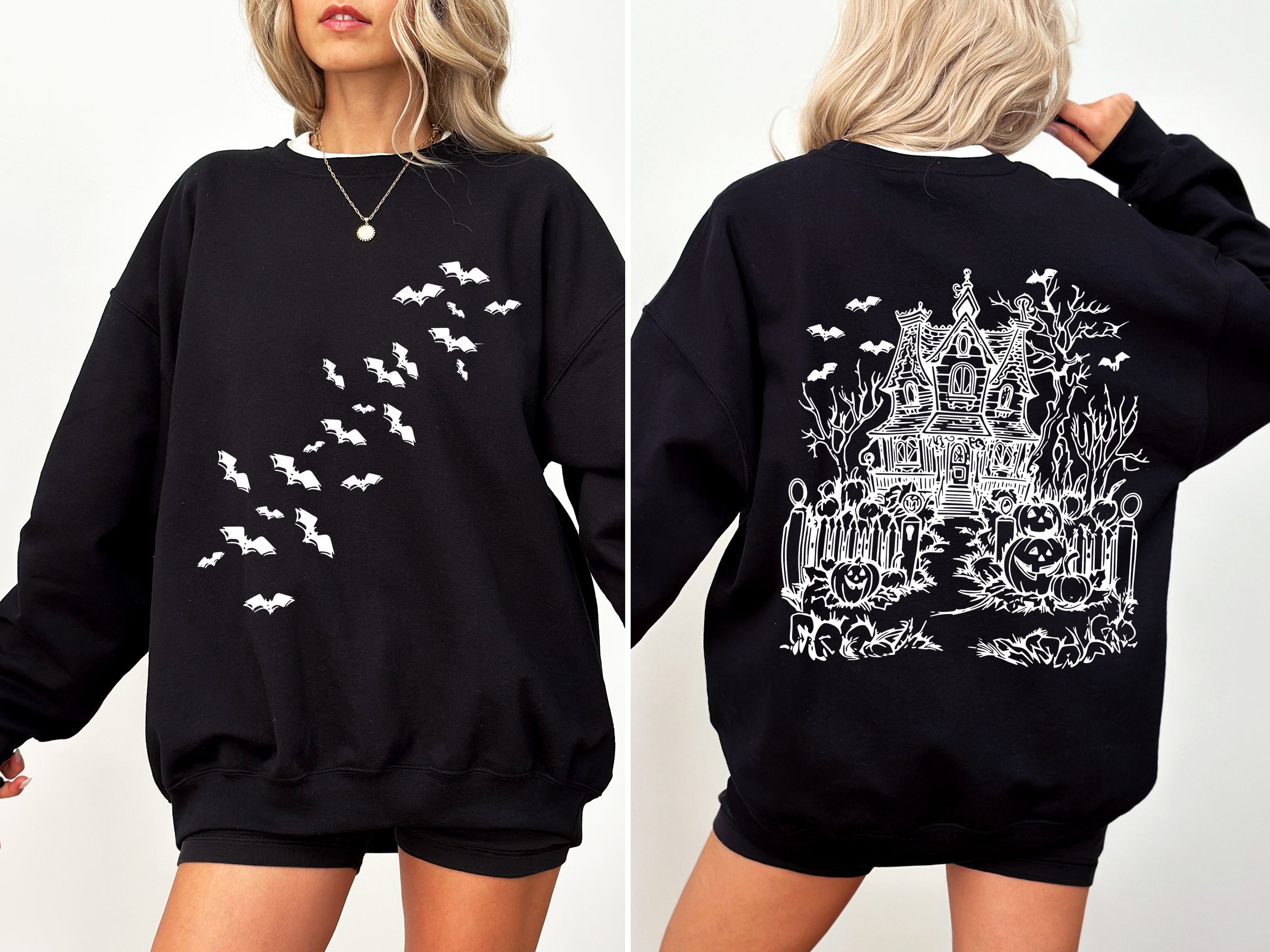 Haunted House Halloween Retro Bats Witches Skeleton Jack-O-Lanterns Spooky Sweatshirt