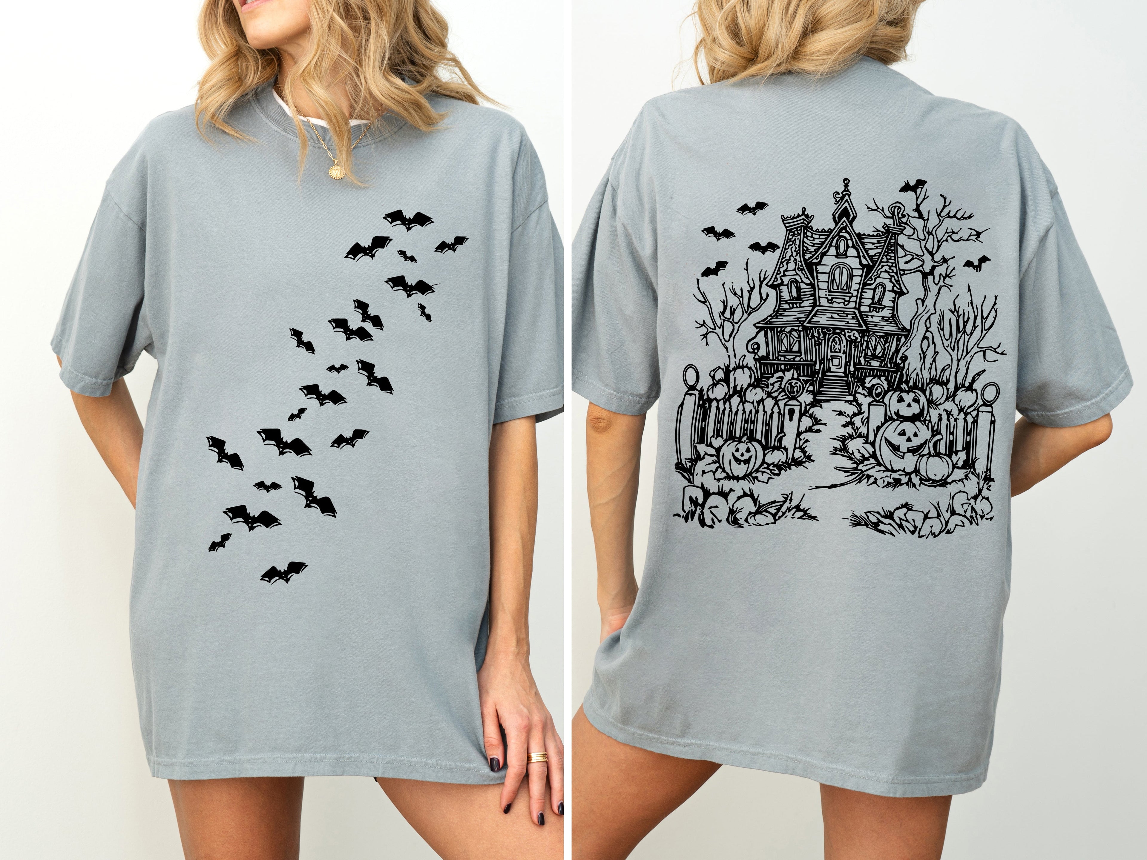 Haunted House Front And Back Halloween Retro Fall Autumn Bats Witches Skeleton Jack-O-Lanterns Comfort Colors Tee