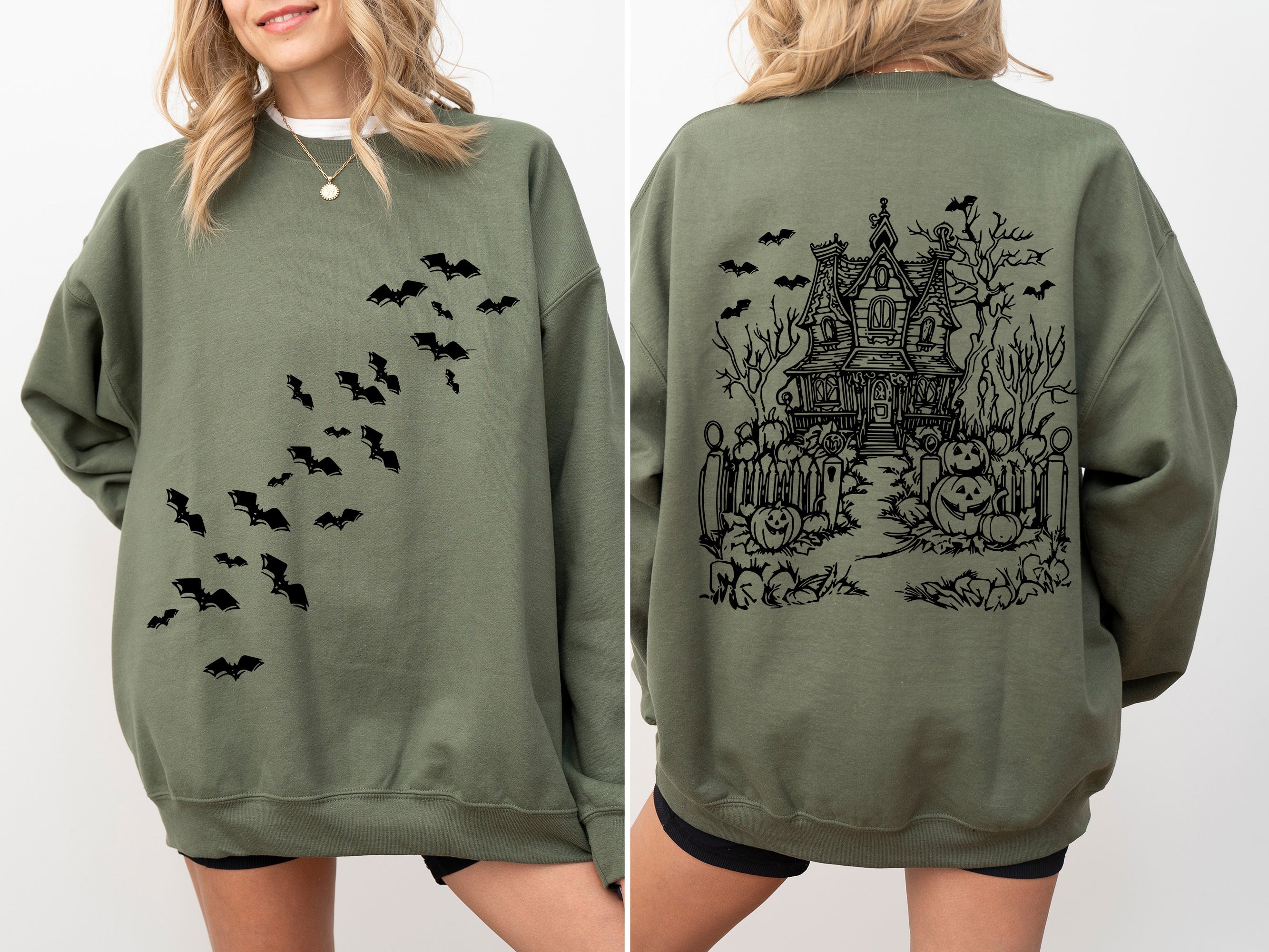 Haunted House Halloween Retro Bats Witches Skeleton Jack-O-Lanterns Spooky Sweatshirt