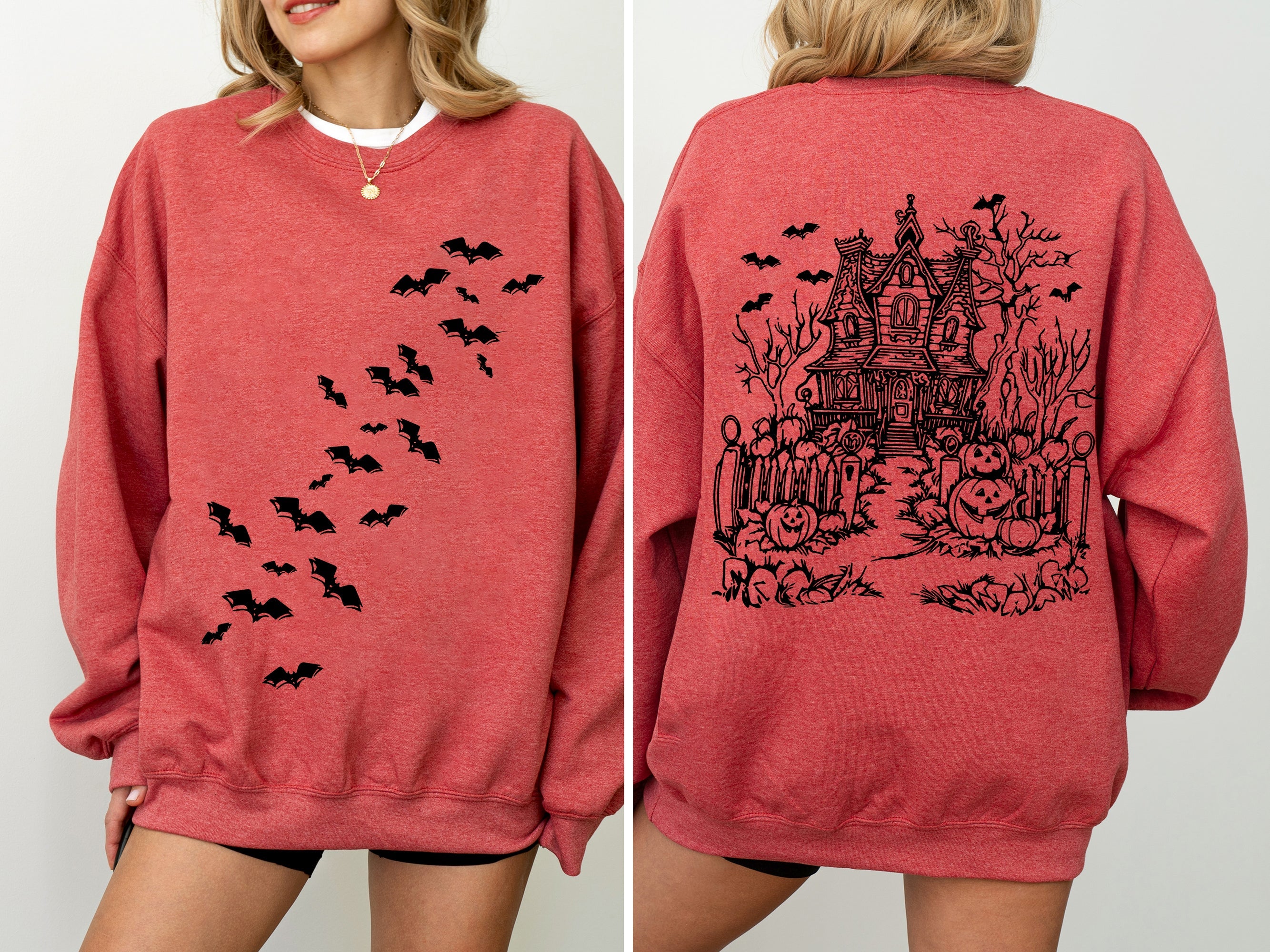 Haunted House Halloween Retro Bats Witches Skeleton Jack-O-Lanterns Spooky Sweatshirt