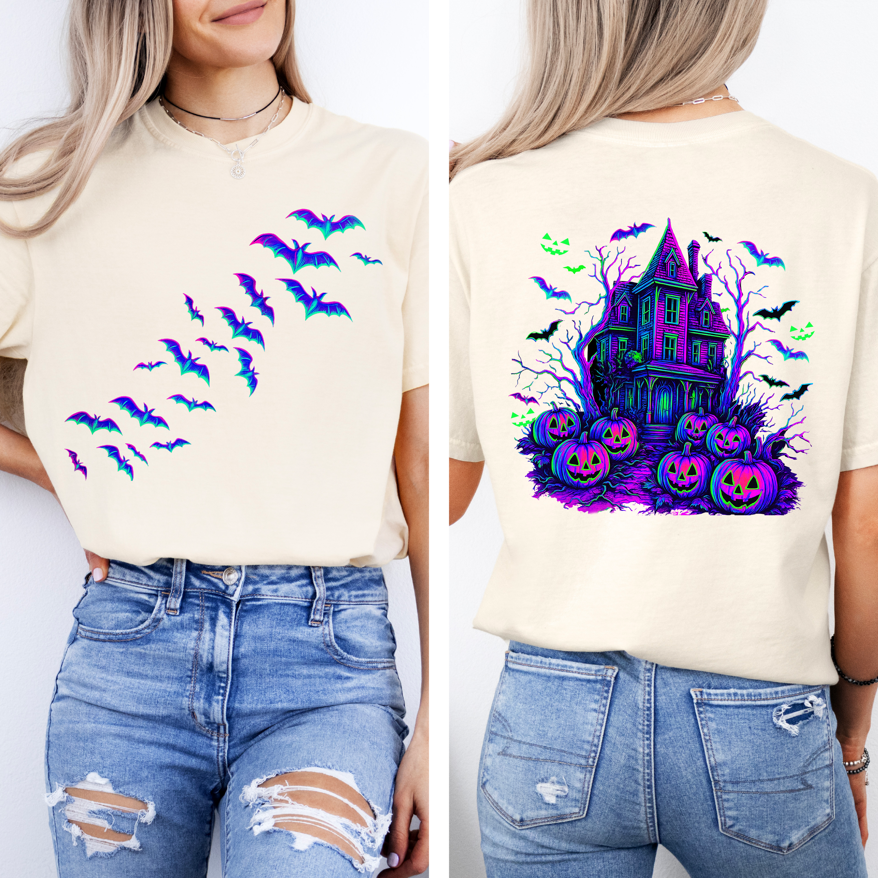 Haunted House Halloween Night Bright Colors Bats Ghosts Spooky Scene Illustration Comfort Colors Tee