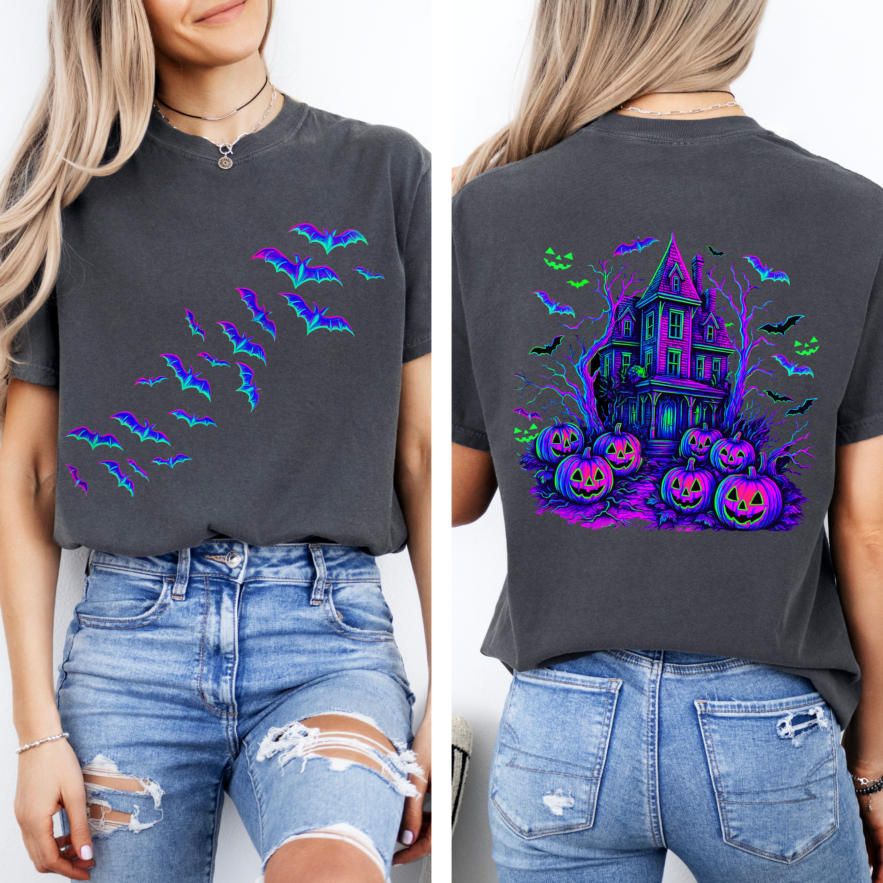 Haunted House Halloween Night Bright Colors Bats Ghosts Spooky Scene Illustration Comfort Colors Tee