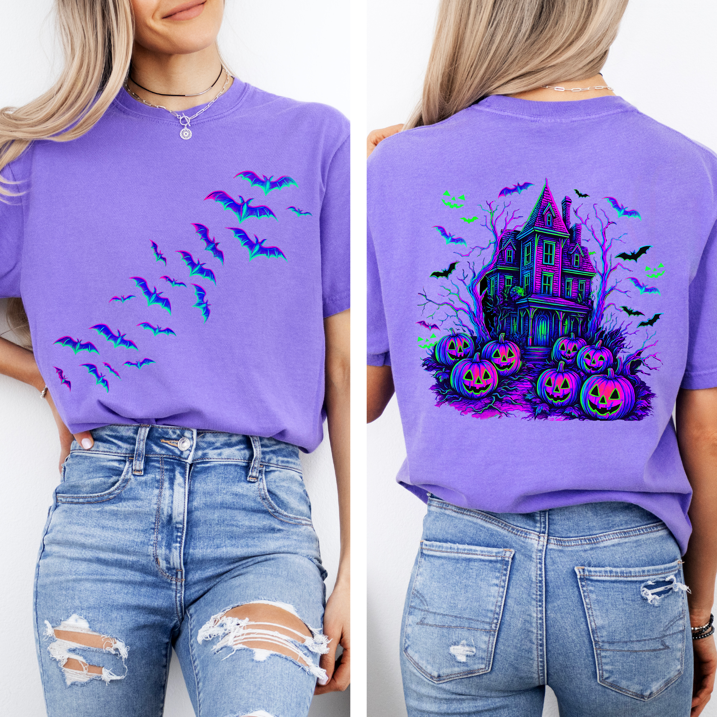 Haunted House Halloween Night Bright Colors Bats Ghosts Spooky Scene Illustration Comfort Colors Tee